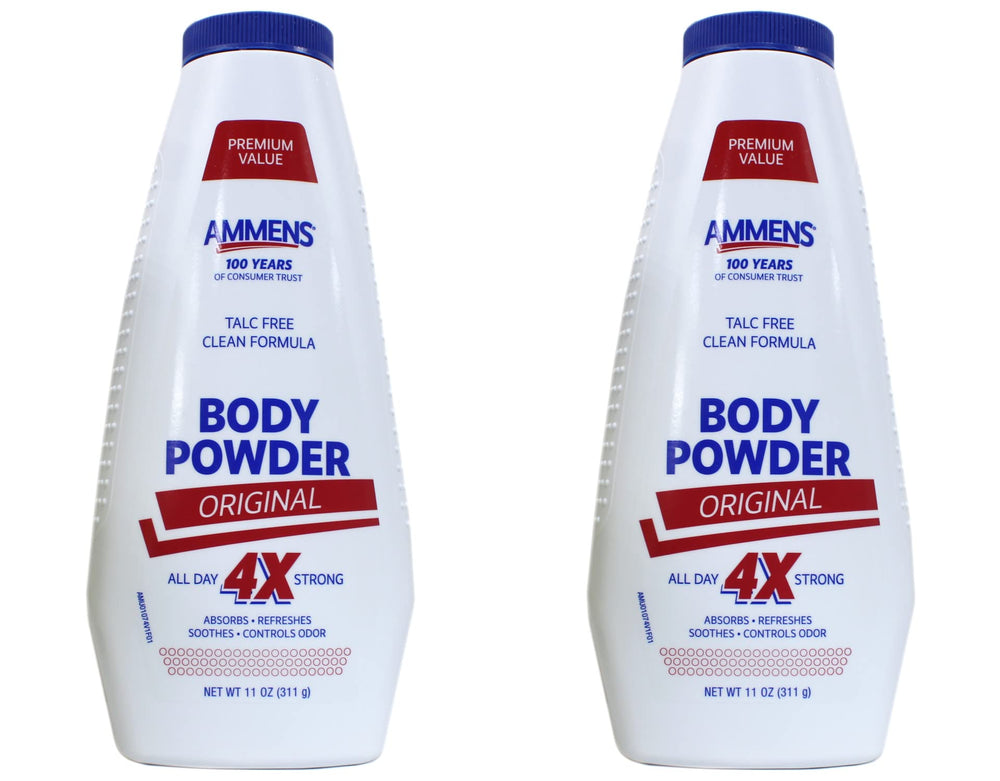 AMMENS Body Powder Original bottle highlighting talc-free formula and all-day protection.