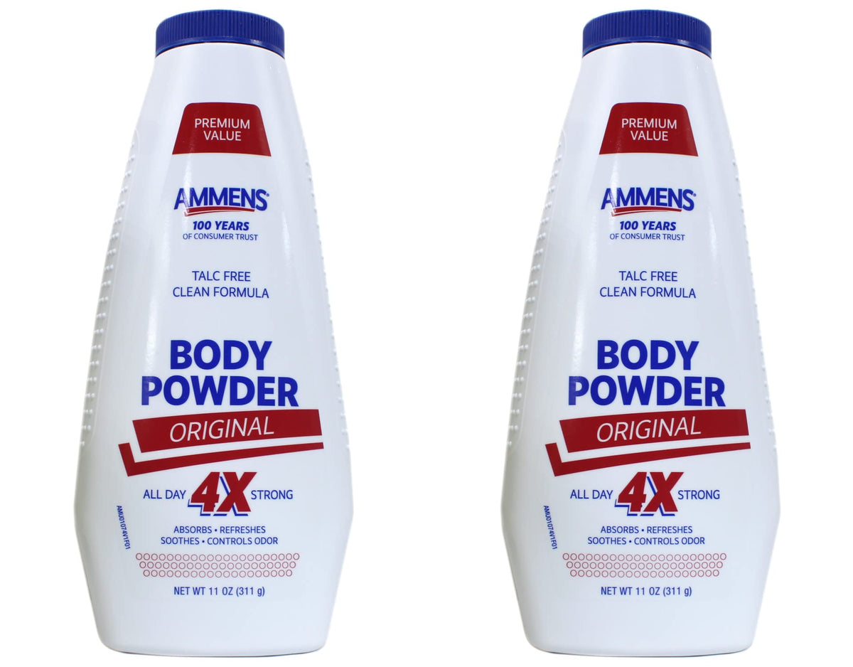 AMMENS Body Powder Original bottle highlighting talc-free formula and all-day protection.