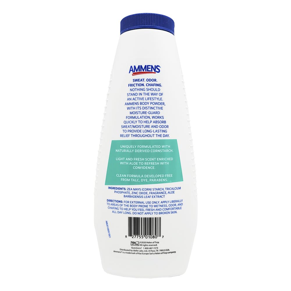 AMMENS Powder Shower Fresh jar closeup emphasizes zinc oxide 9.1% ingredient.