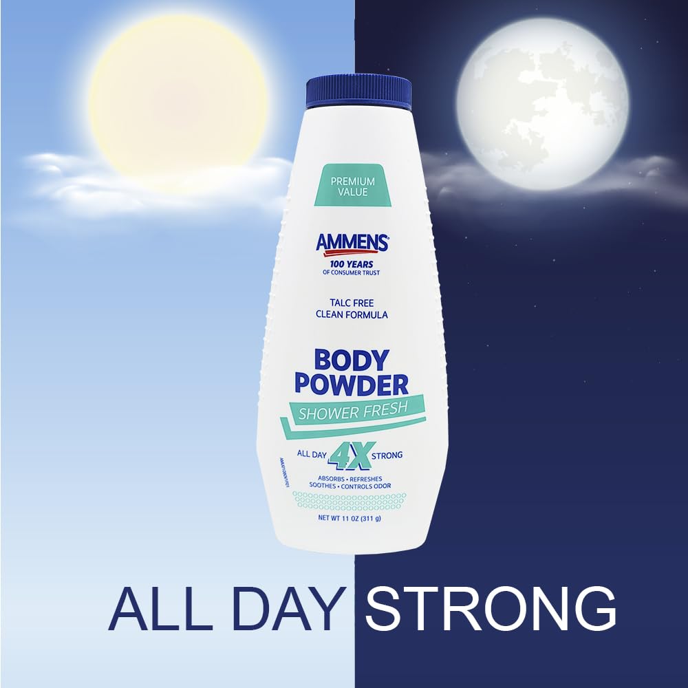 AMMENS Powder Shower Fresh jar dispense demonstrates easy daily use.
