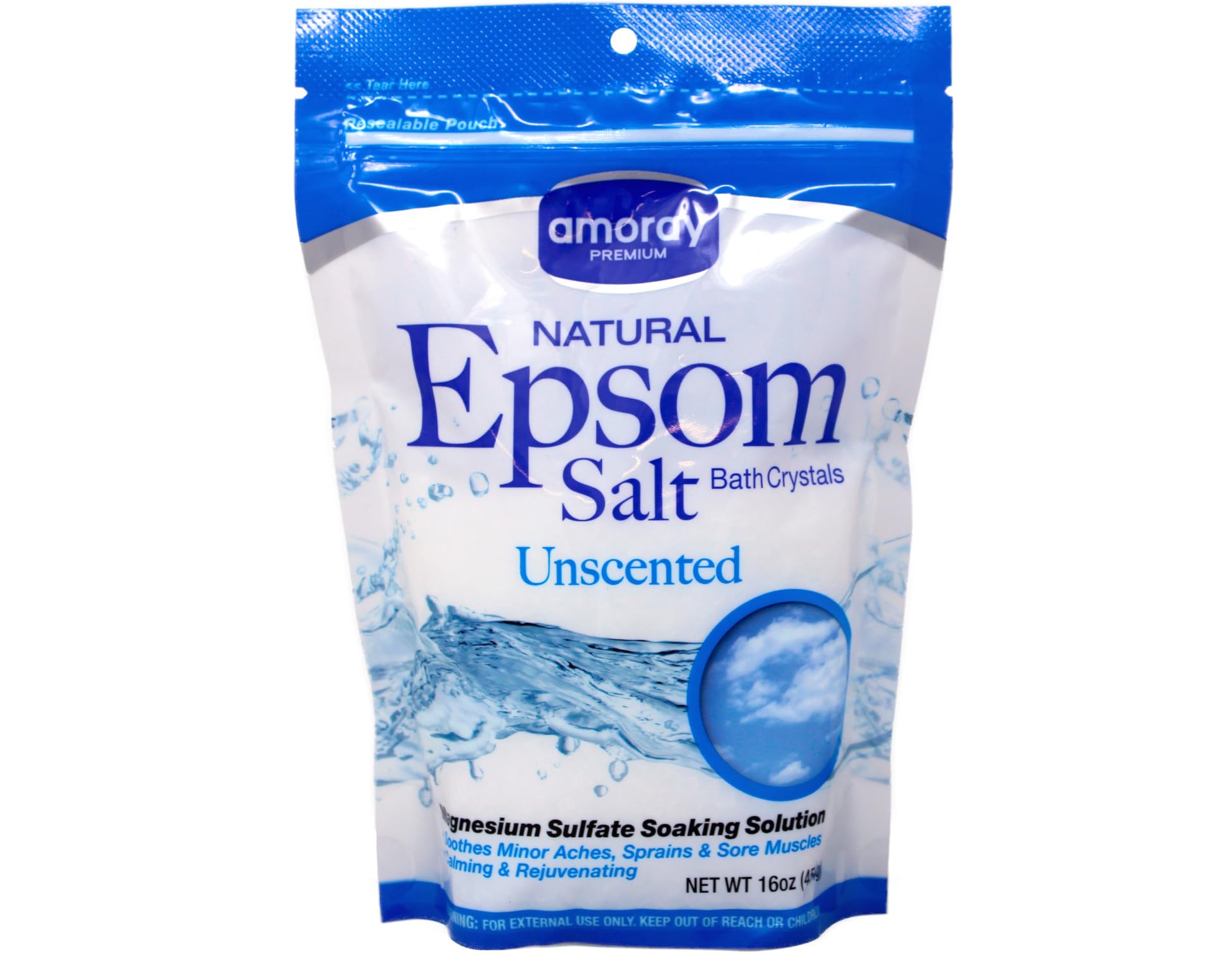 Amoray Premium Epsom Salt bag 16oz, pure magnesium sulfate for soothing baths.