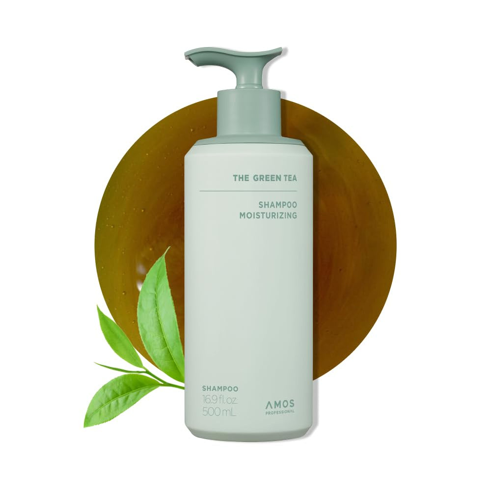 AMOS PROFESSIONAL Green Tea Shampoo bottle, volumizing hydration for thinning hair.