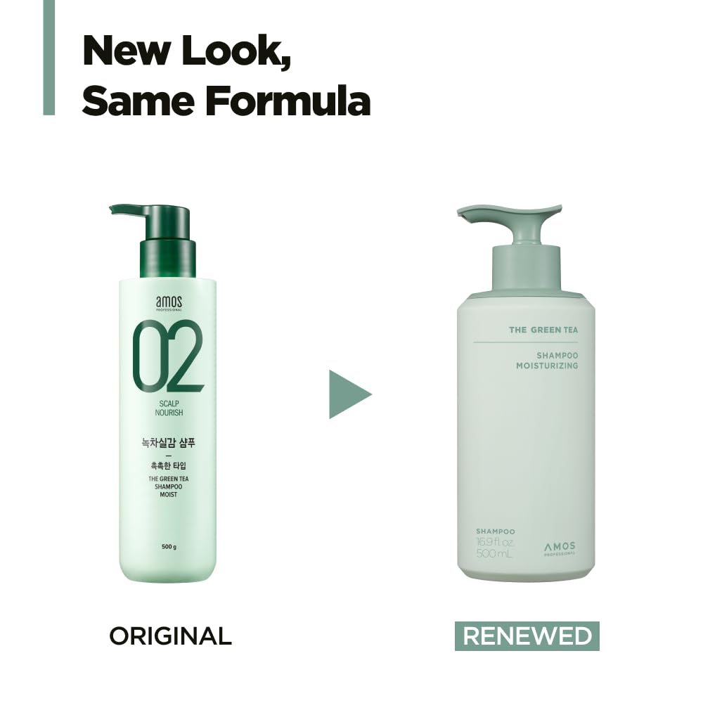 AMOS PROFESSIONAL Green Tea Shampoo foam, rich lather with conditioning for dry scalp.