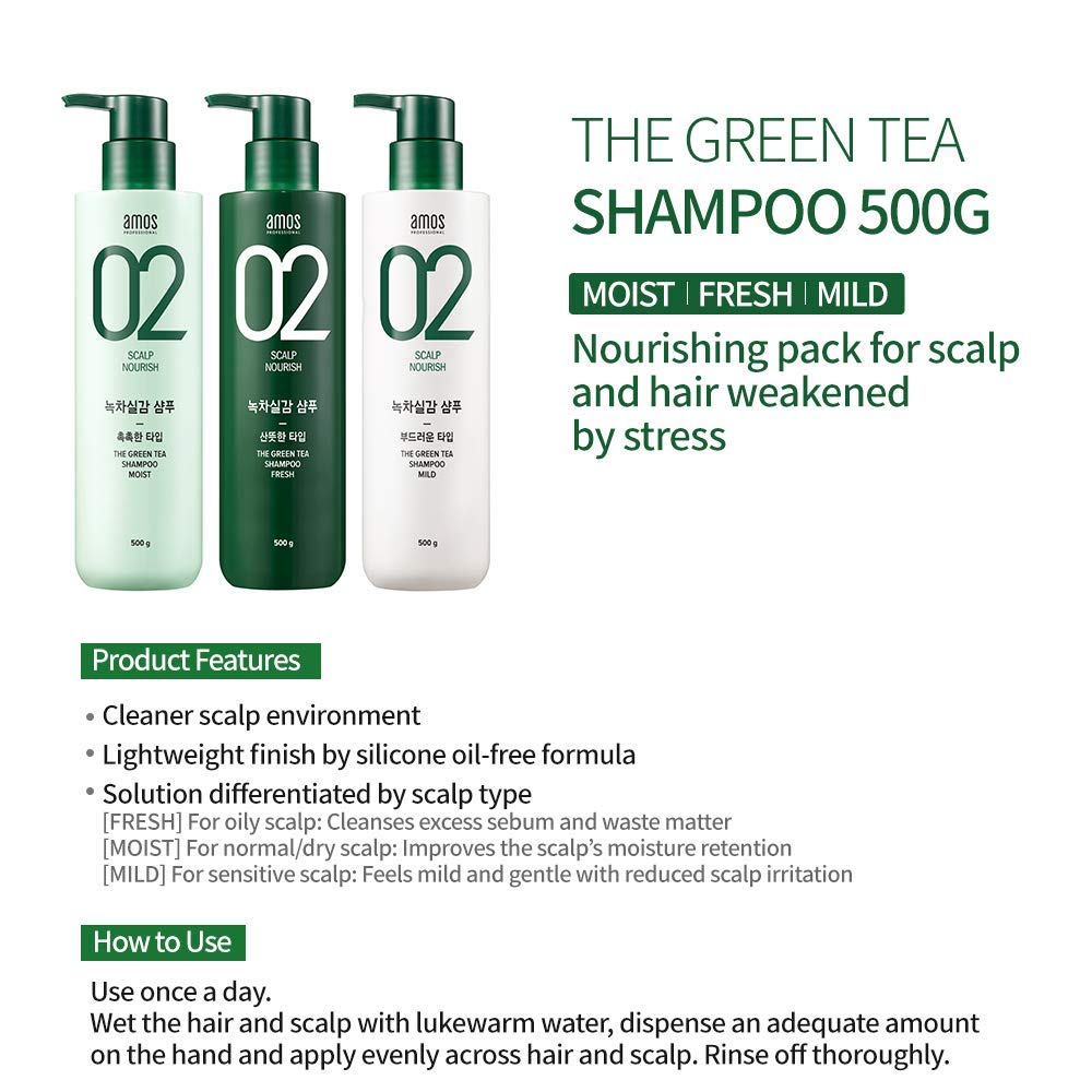 AMOS PROFESSIONAL Green Tea Shampoo lather action highlights deep cleanse for excess sebum.
