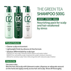 AMOS PROFESSIONAL Green Tea Shampoo lather action highlights deep cleanse for excess sebum.