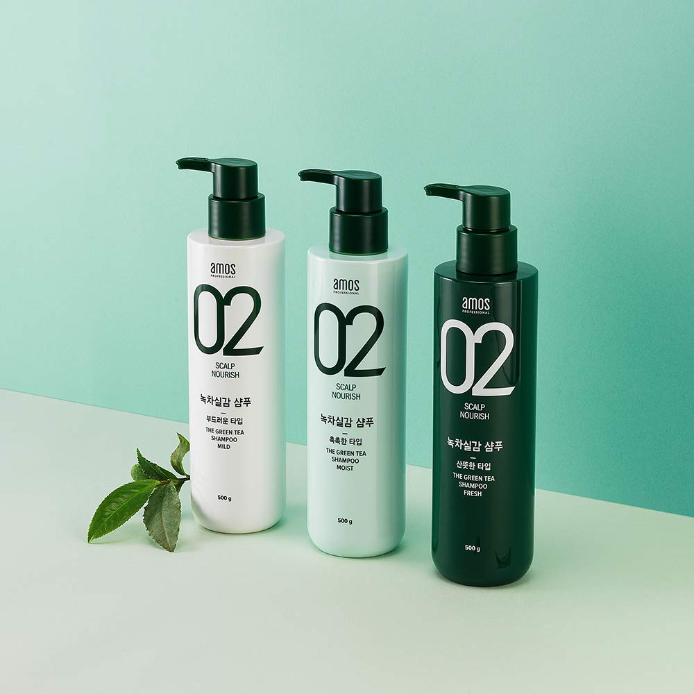 AMOS PROFESSIONAL Green Tea Shampoo side view highlights premium design for at-home routines.