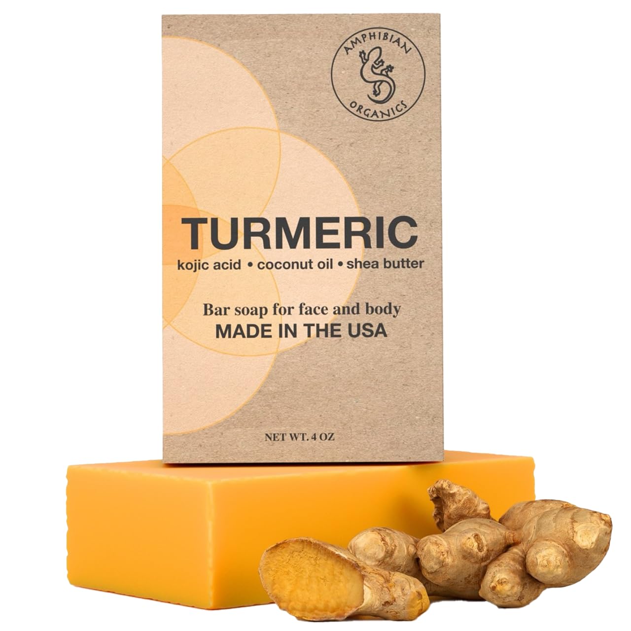 Amphibian Organics turmeric soap with kojic acid bar promoting gentle cleansing and balanced skin