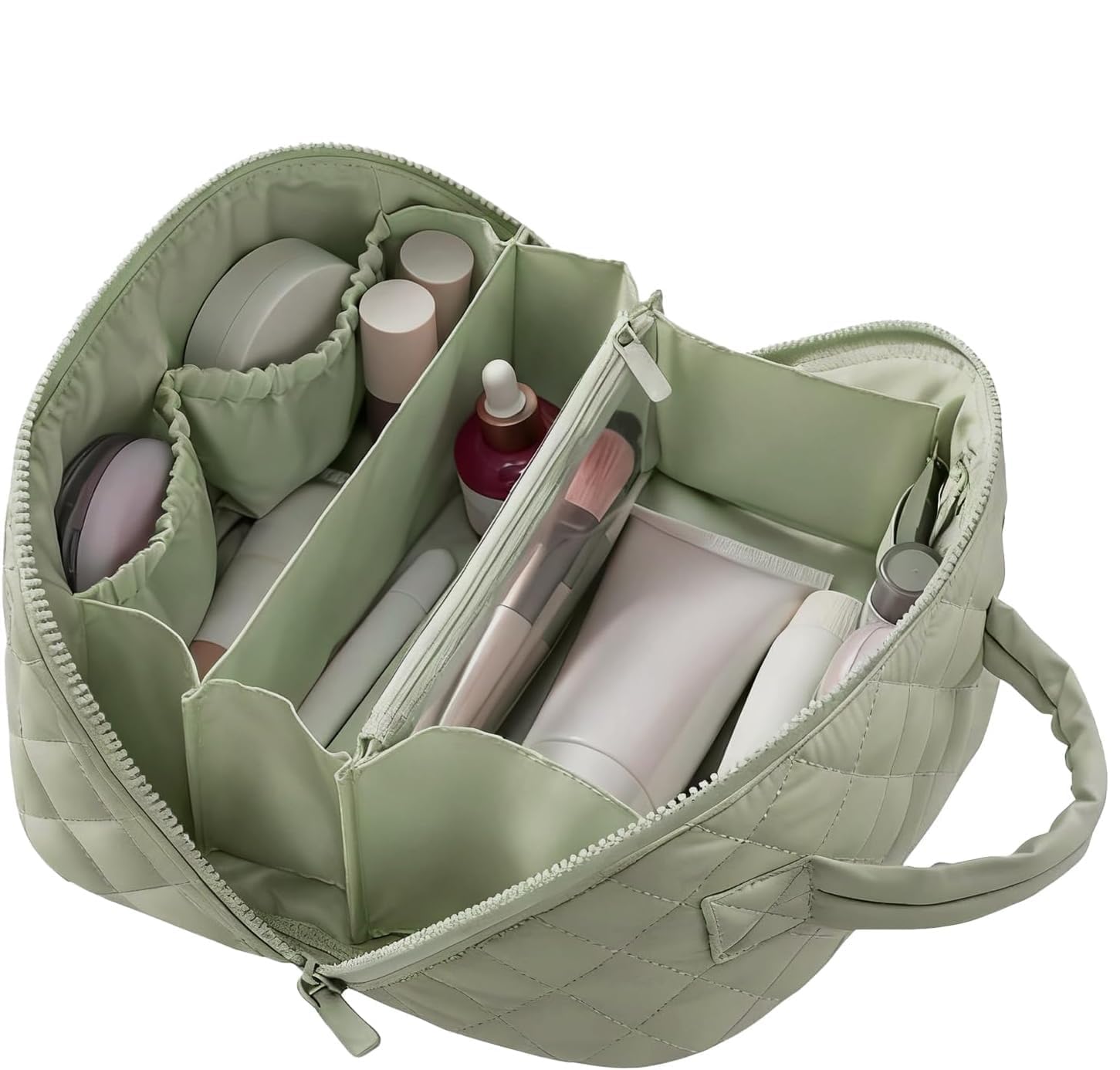 Amposei makeup bag opened flat showing five compartments for quick access