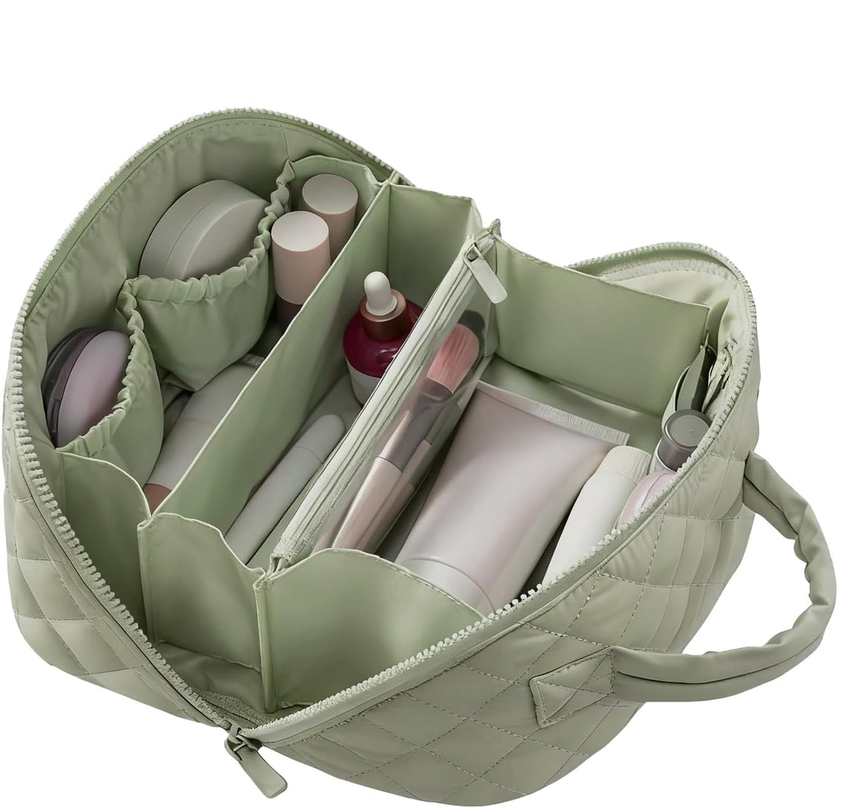 Amposei makeup bag opened flat showing five compartments for quick access