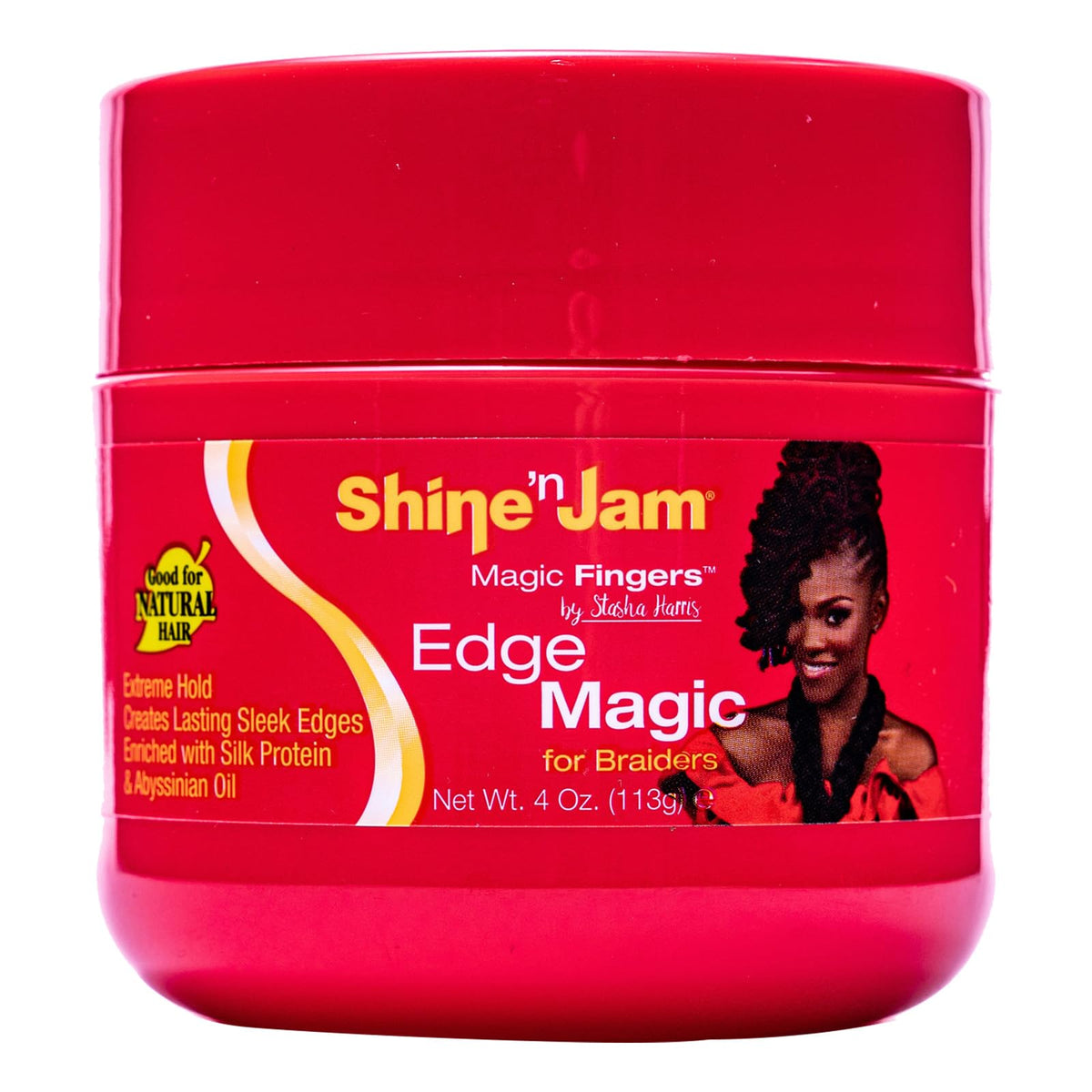 AmPro Shine-n-Jam Edge Control jar provides firm hold with non-greasy shine for smooth edges.