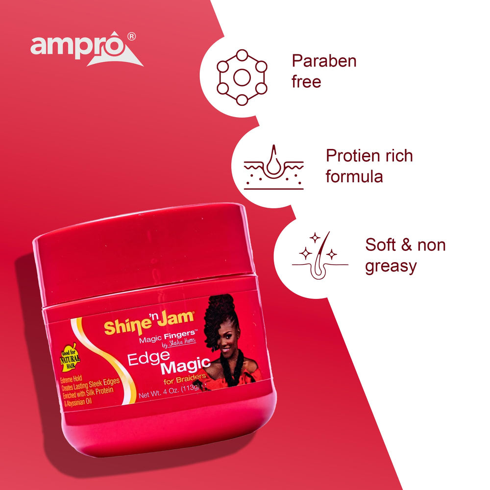 AmPro Shine-n-Jam strong-hold-care protects styles without dryness or grease.