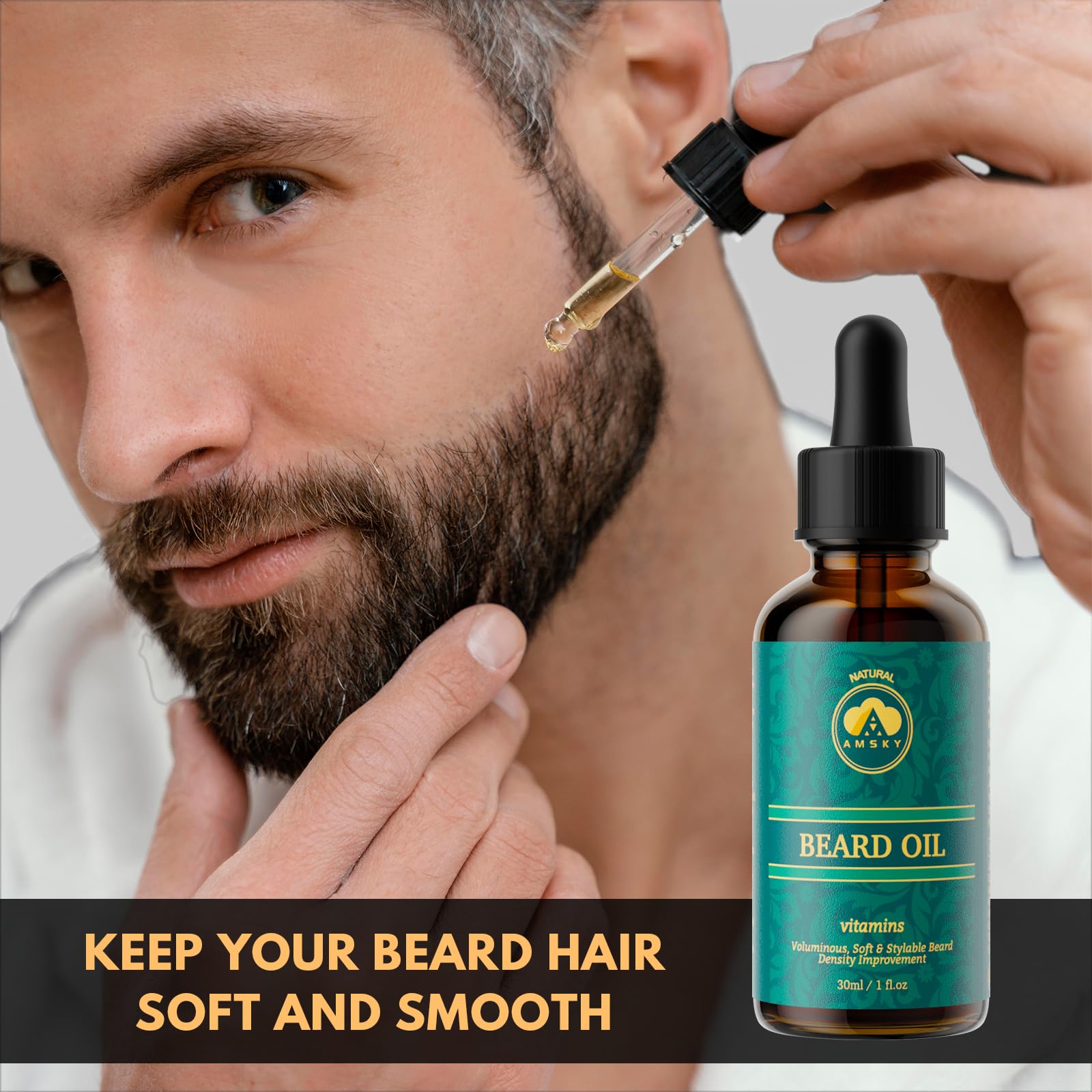 AMSKY beard balm tin for conditioning and frizz reduction.