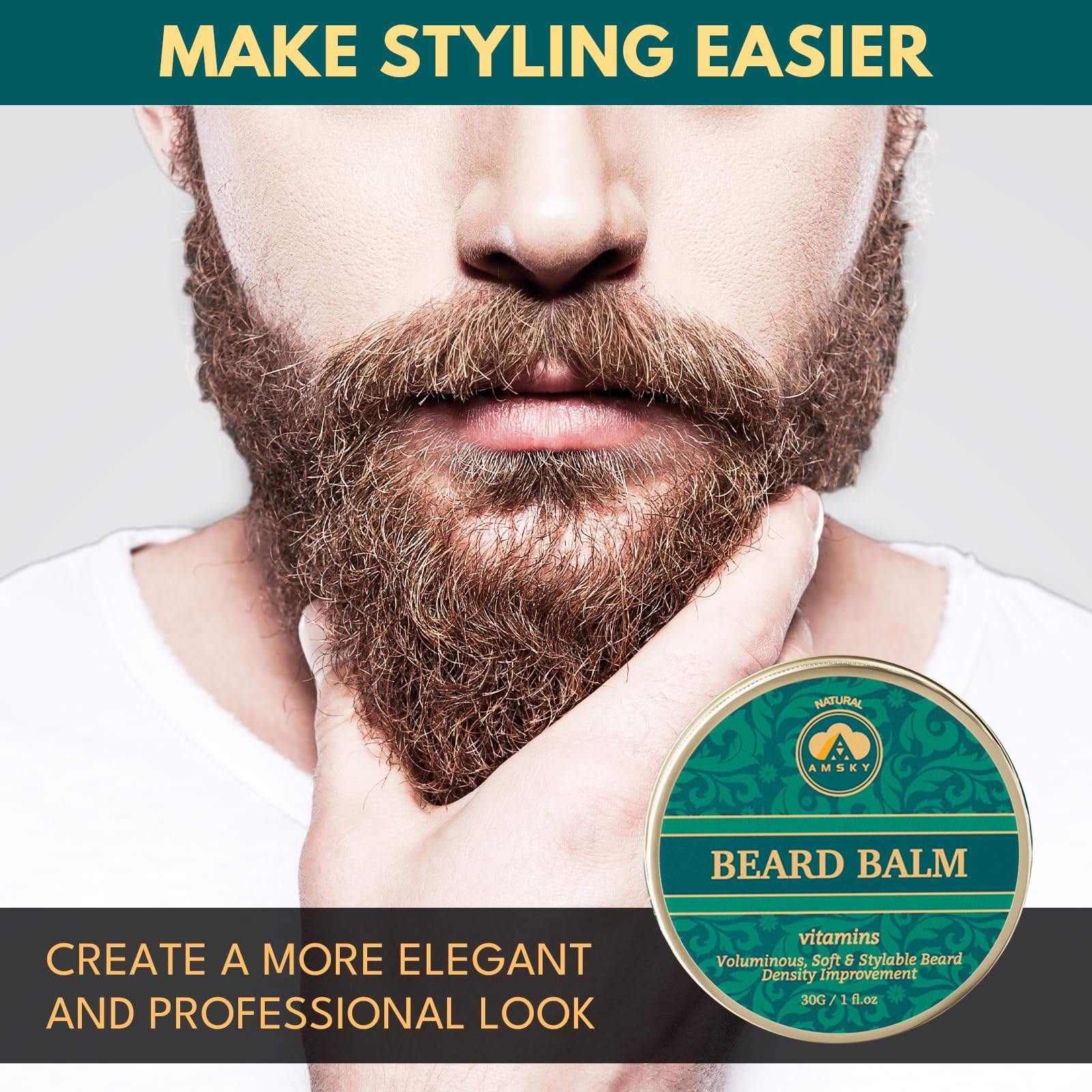 AMSKY wooden beard comb for detangling and even oil distribution.
