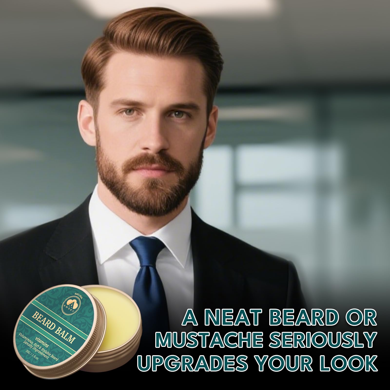 AMSKY dual-bottle set highlights jojoba, biotin for nourished beard.