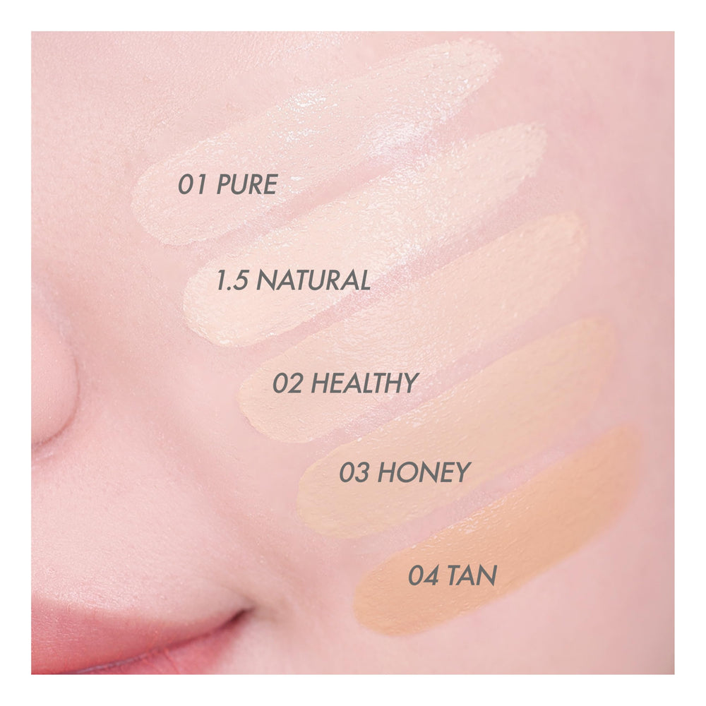 Amuse Dew Power Cushion five-shade palette swatches undertones
