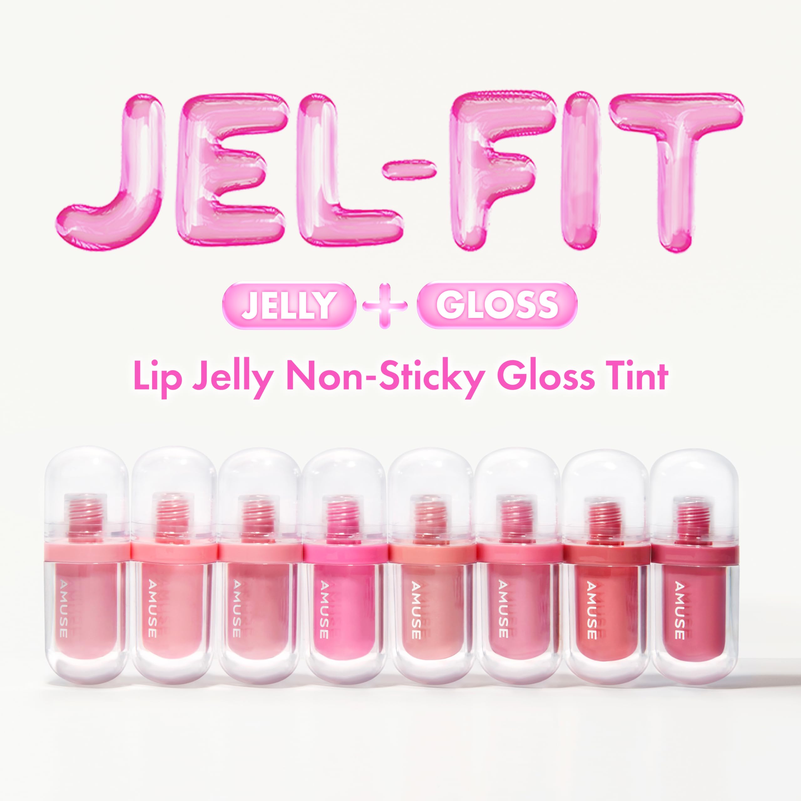 Amuse Seoul Jel-Fit Tint Rose Milk clear jelly gloss on lips.