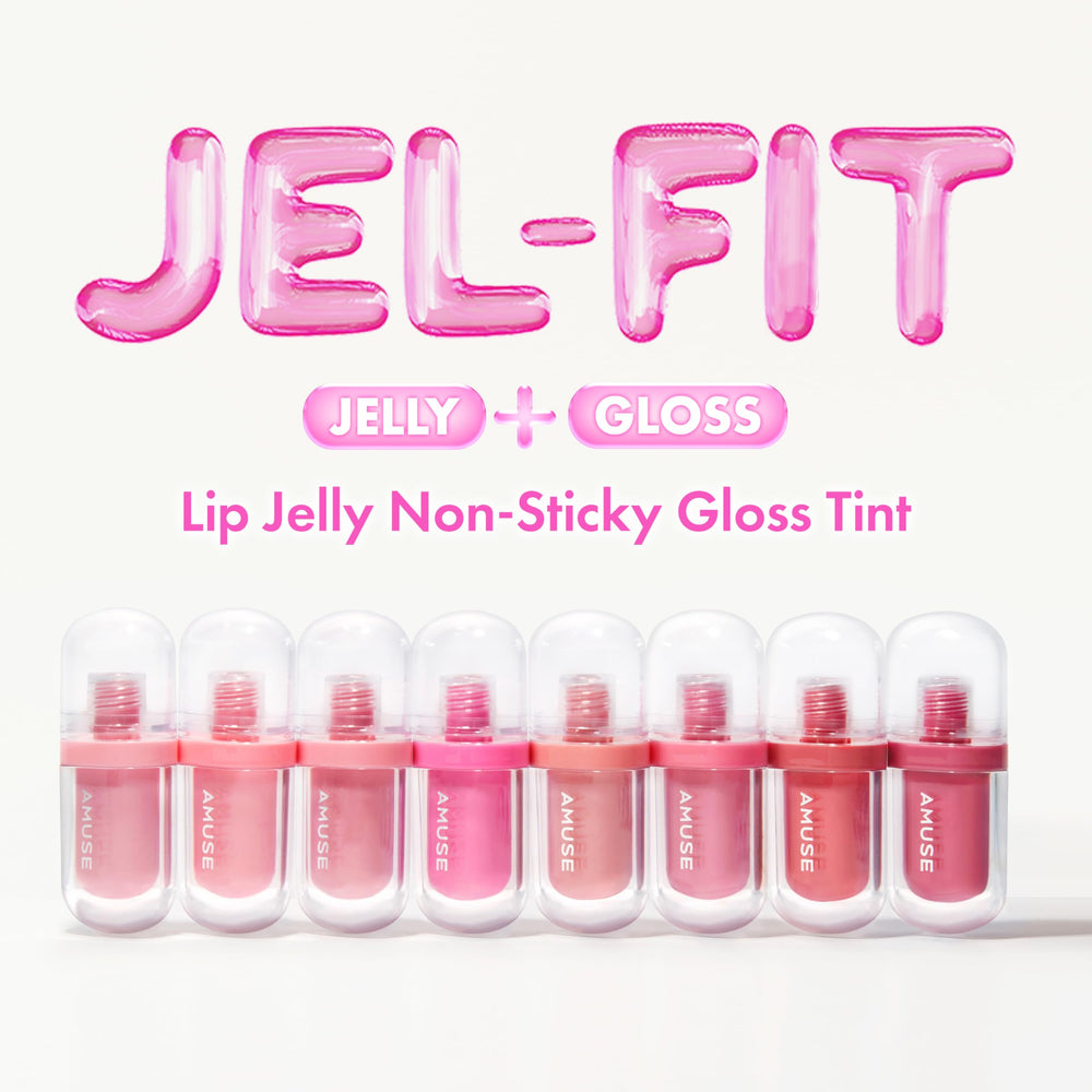 Amuse Seoul Jel-Fit Tint Rose Milk clear jelly gloss on lips.