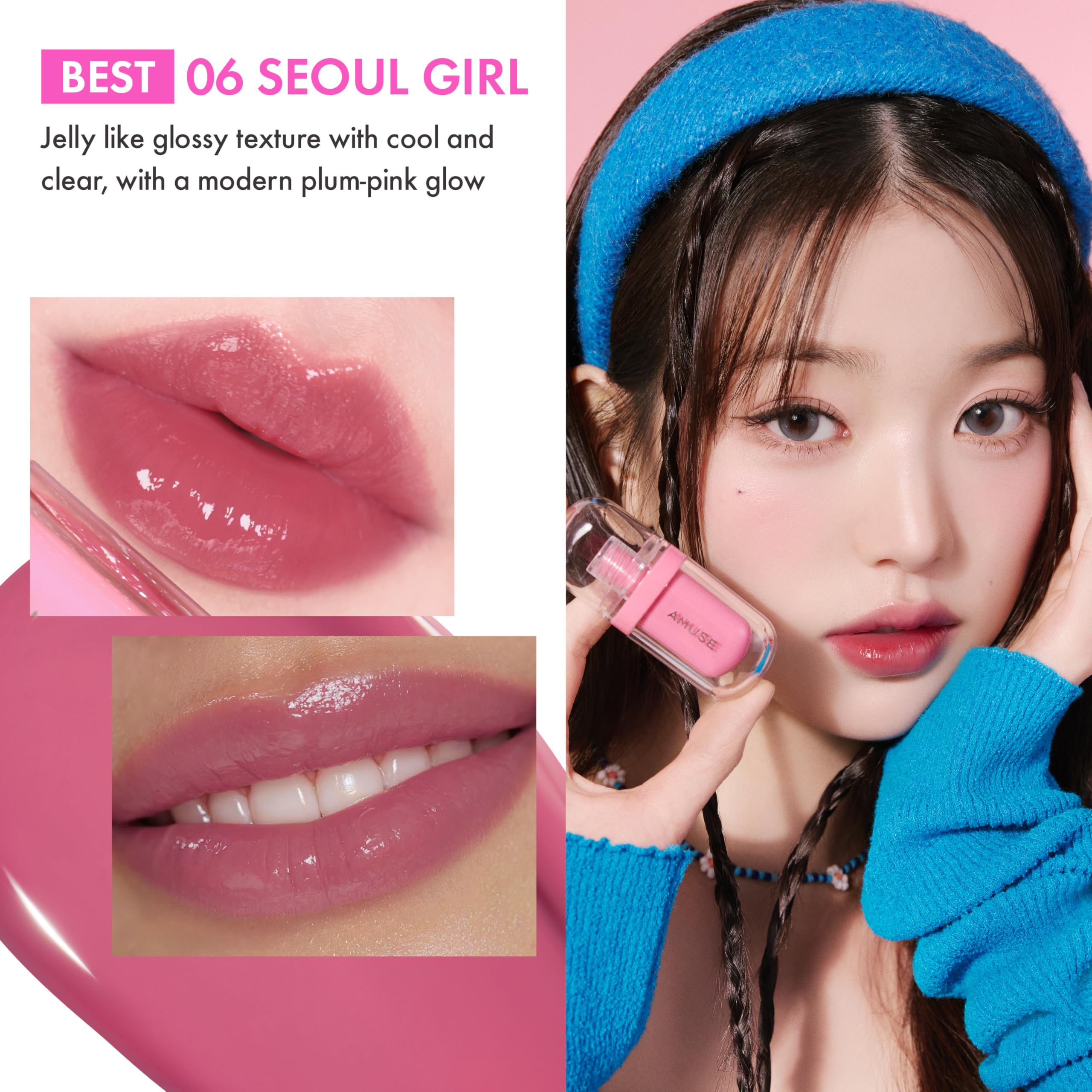 Amuse Seoul Jel-Fit Tint Rose Milk lip gloss finish on lips.