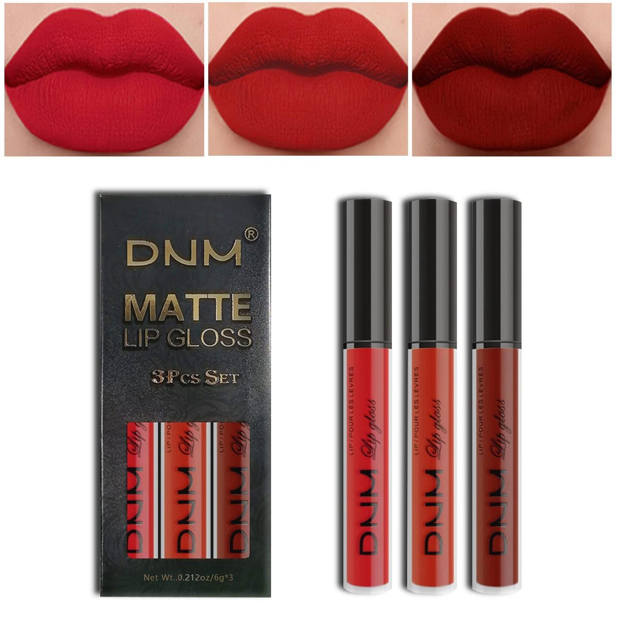 AMY'S DIARY 3Pcs bright red matte lipstick packaging close-up for gifting.