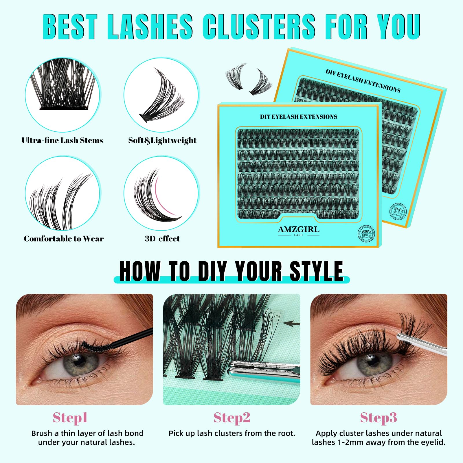 AMZGIRL DIY Lash Clusters 40D mix for customizable lengths.