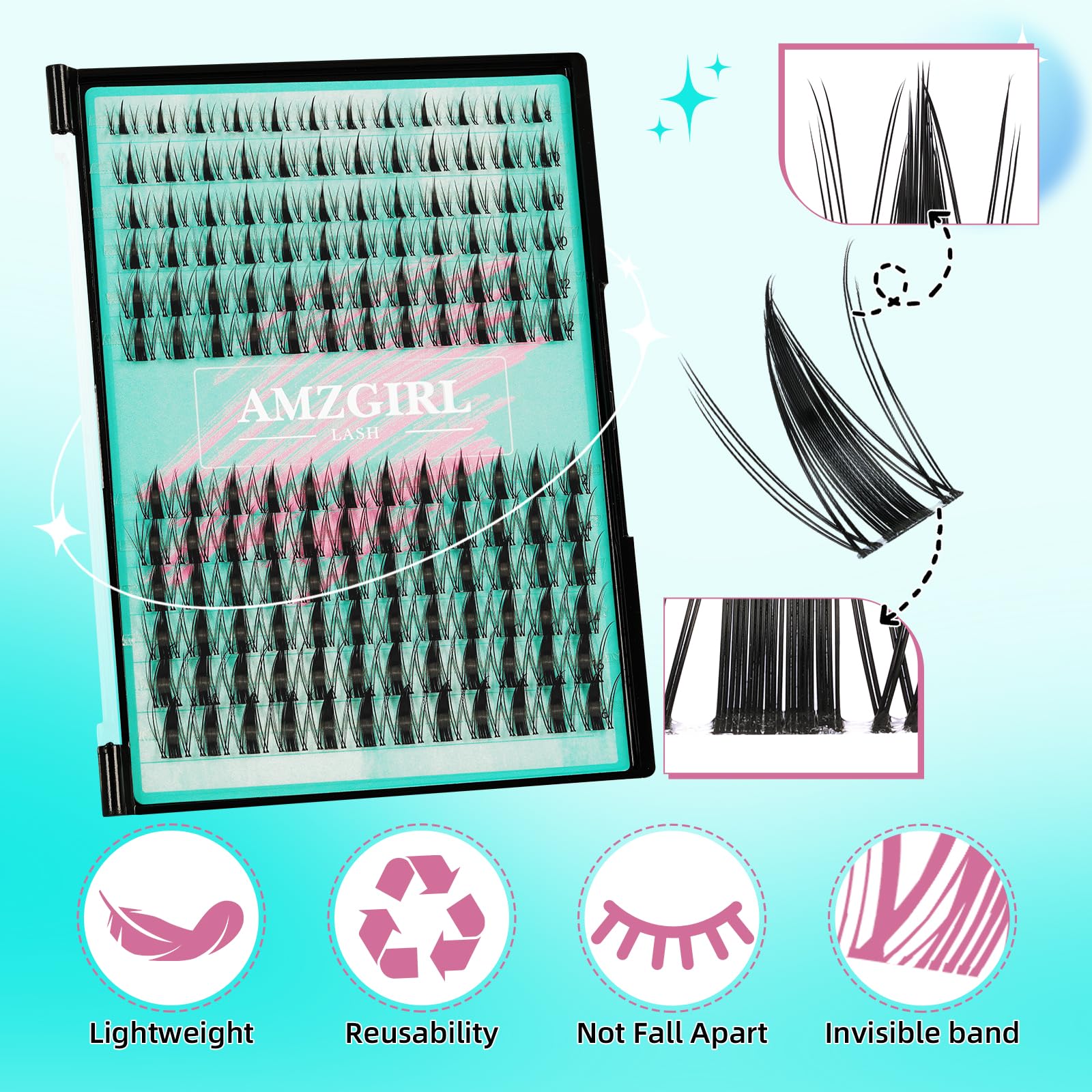 AMZGIRL LASH curved-head tweezers enable precise placement.