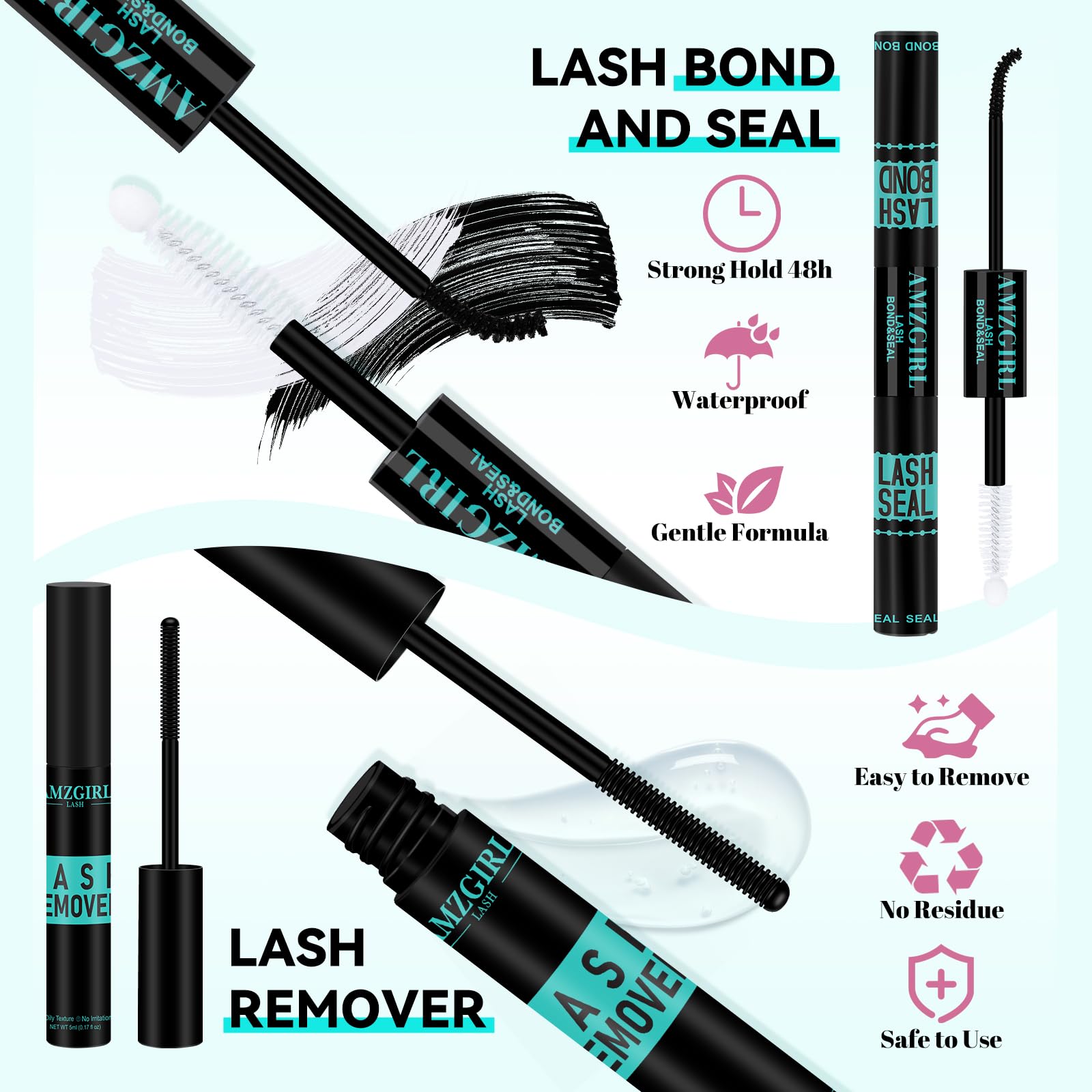 AMZGIRL LASH bond and seal bottles provide secure adhesion and longer wear.