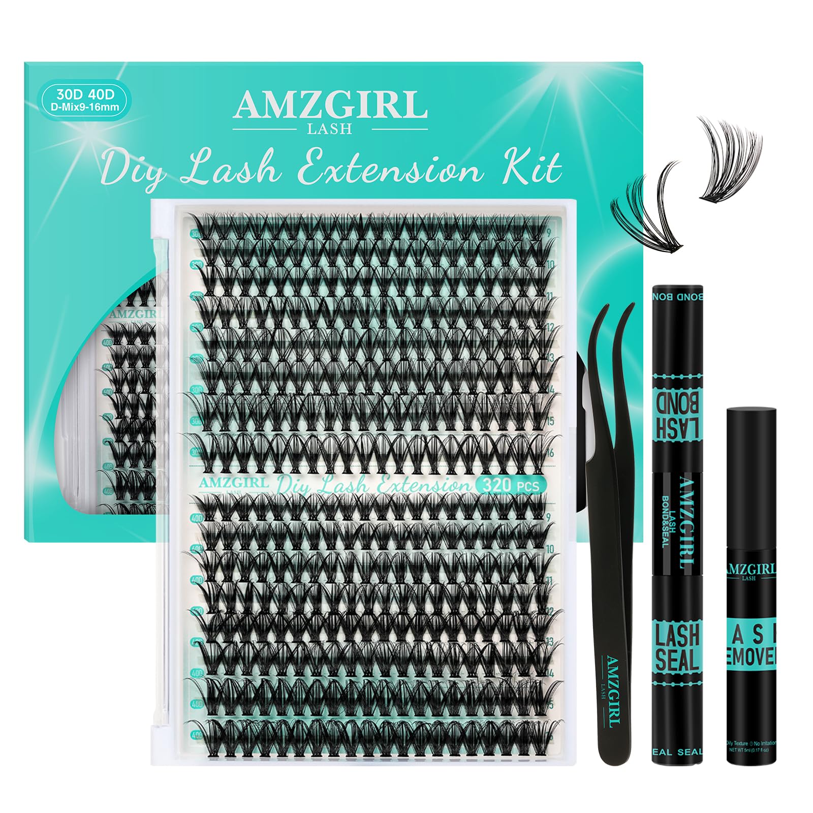 AMZGIRL LASH clusters kit with 320 pieces for versatile 9–16mm looks.