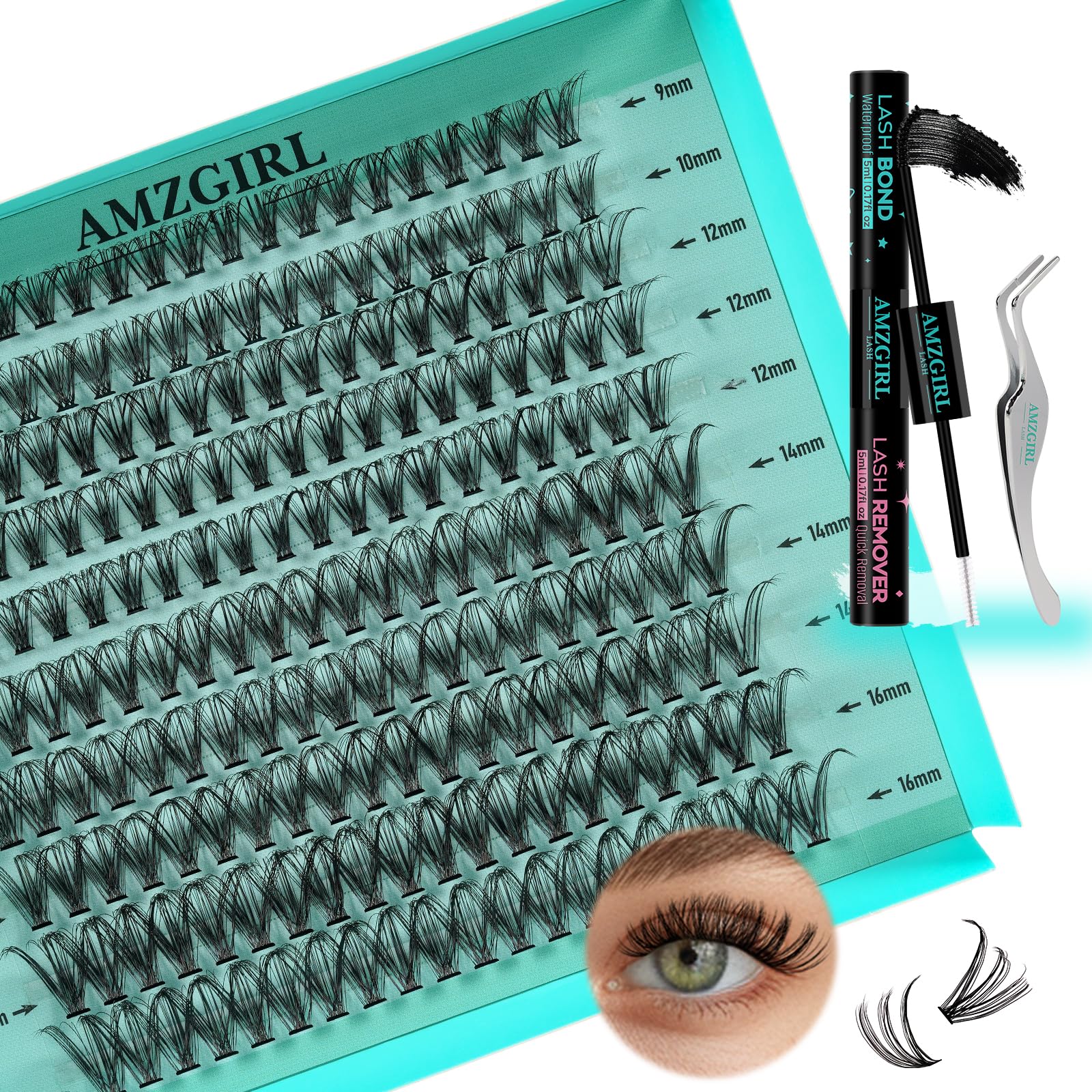 AMZGIRL LASH extension kit with 200 clusters in 9–16 mm for at‑home customization.