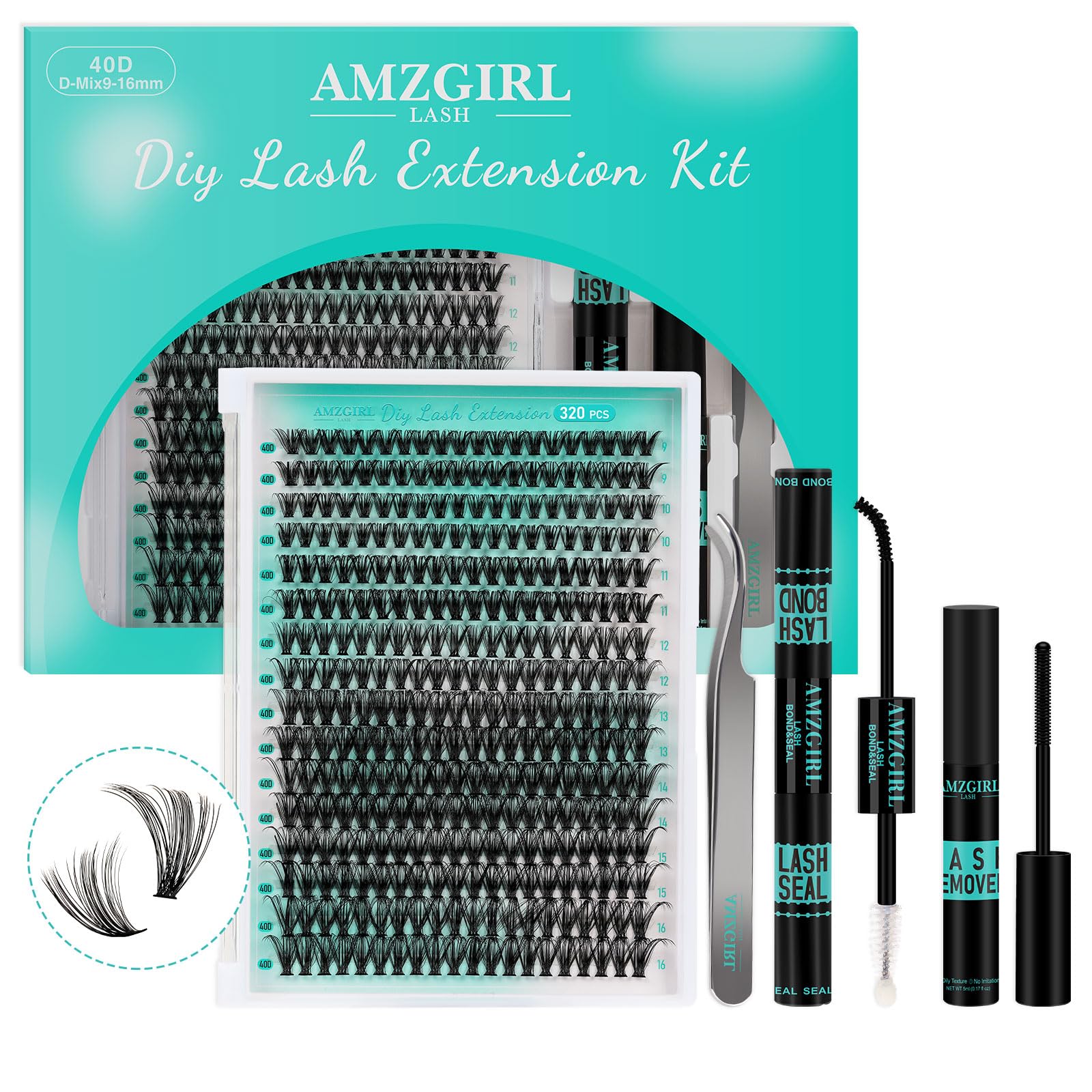 AMZGIRL LASH Extension Kit 320Pcs contents laid out for at-home beauty.