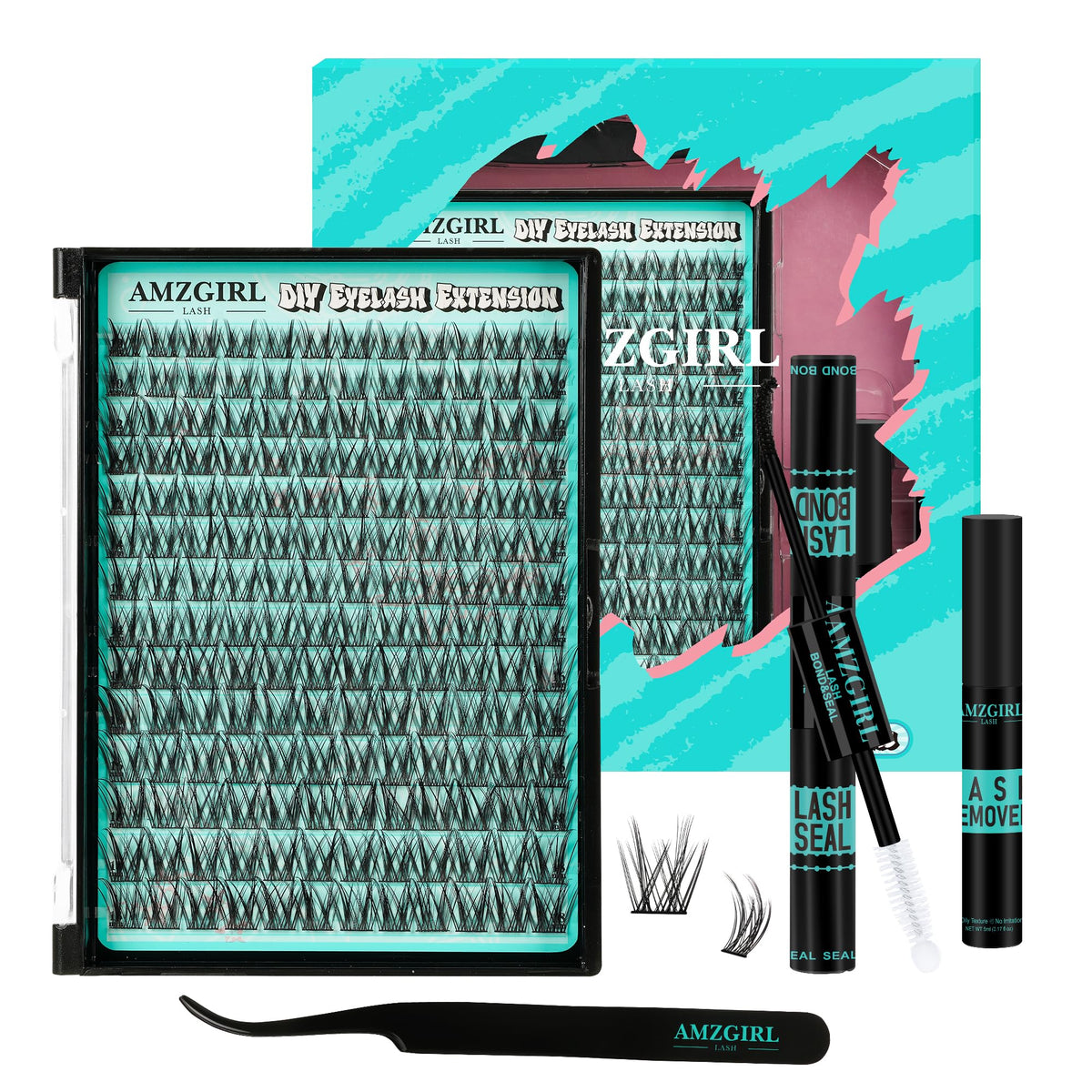 AMZGIRL LASH manga clusters kit packaging closeup showing all-in-one set for at-home use.