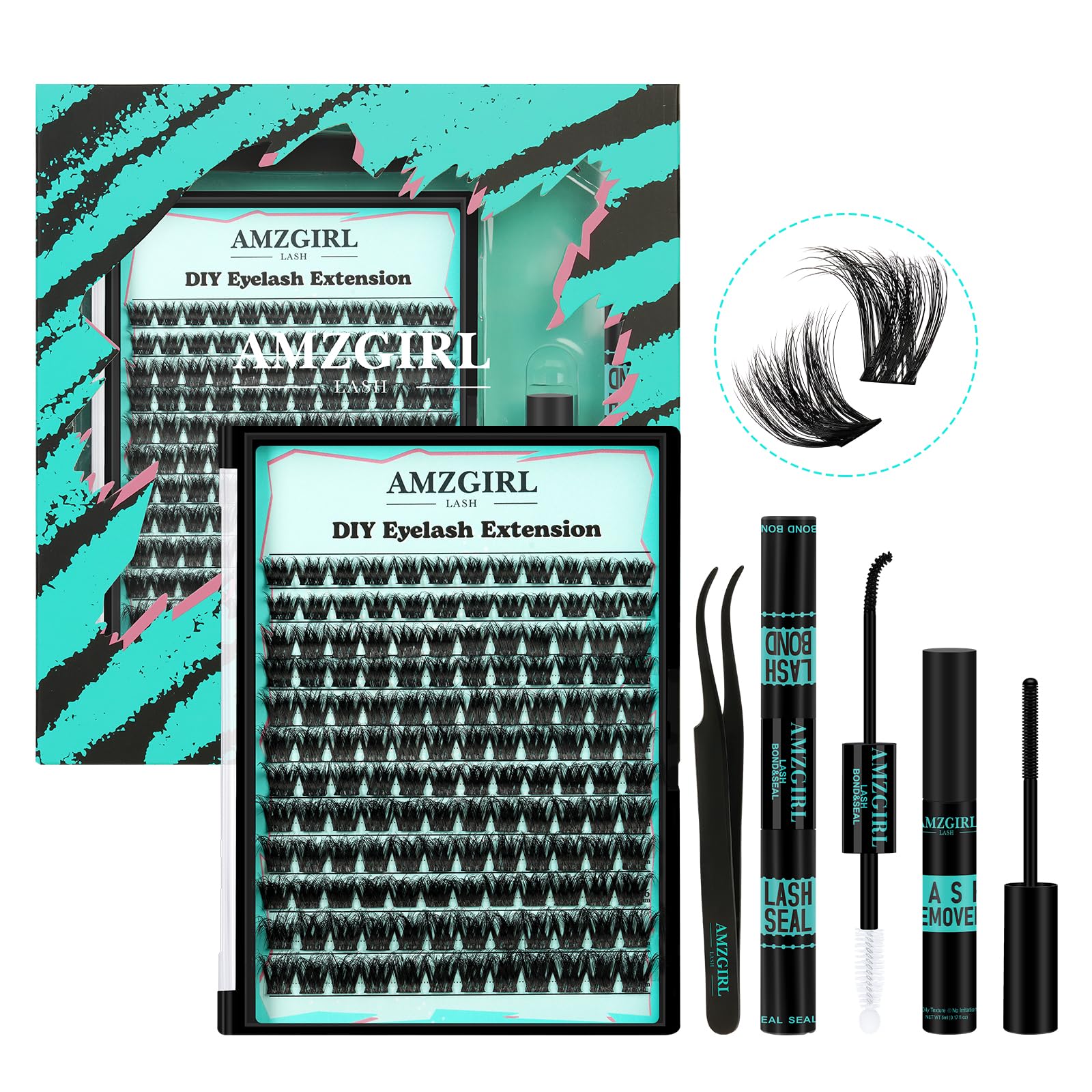 AMZGIRL LASH packaging and kit contents for easy at-home lash extensions.