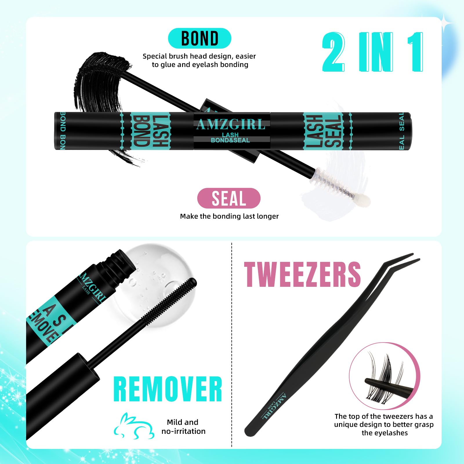 AMZGIRL LASH remover safely dissolves glue for easy cleanup.