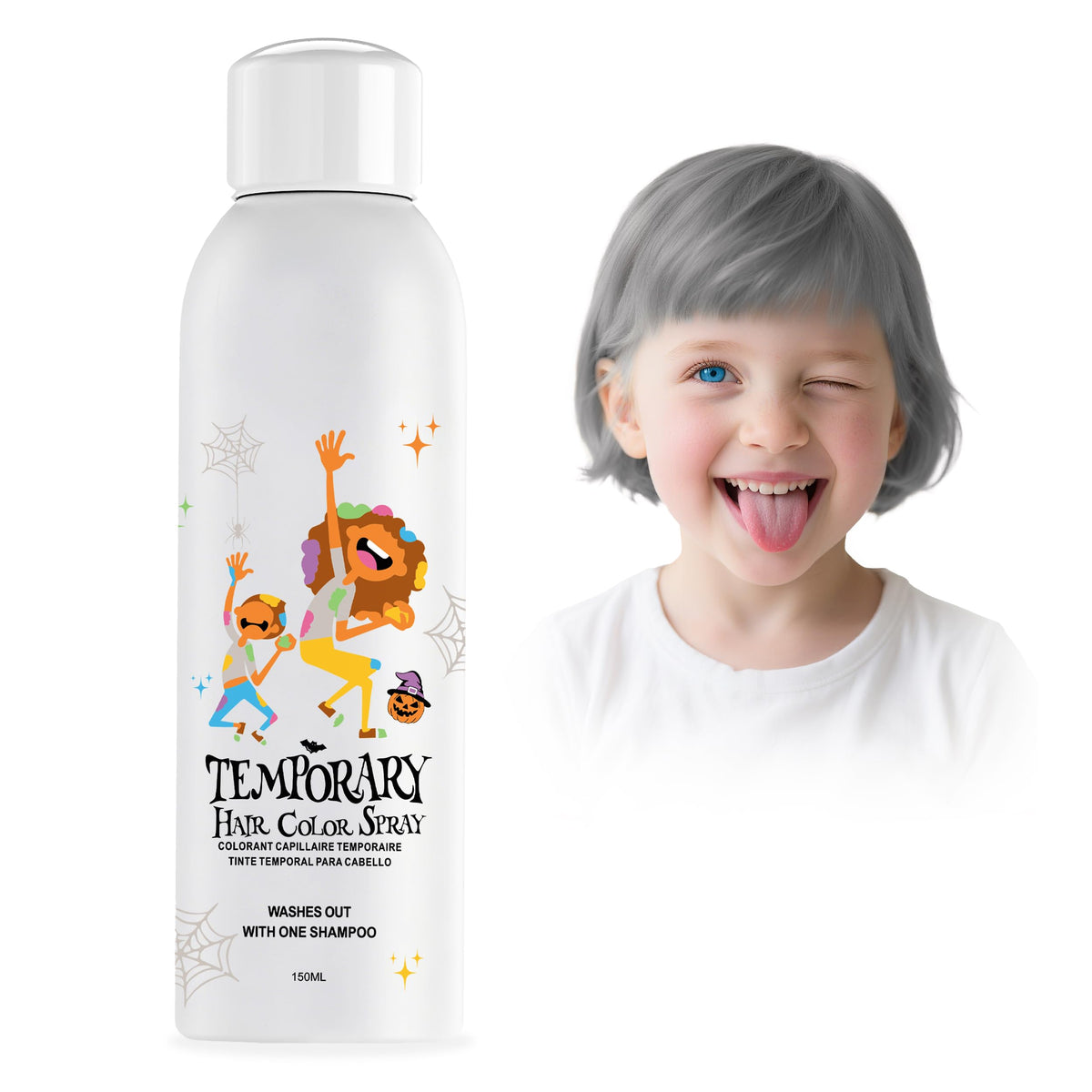 Amzsudy silver-gray hair color spray for quick, temporary transformation at parties.