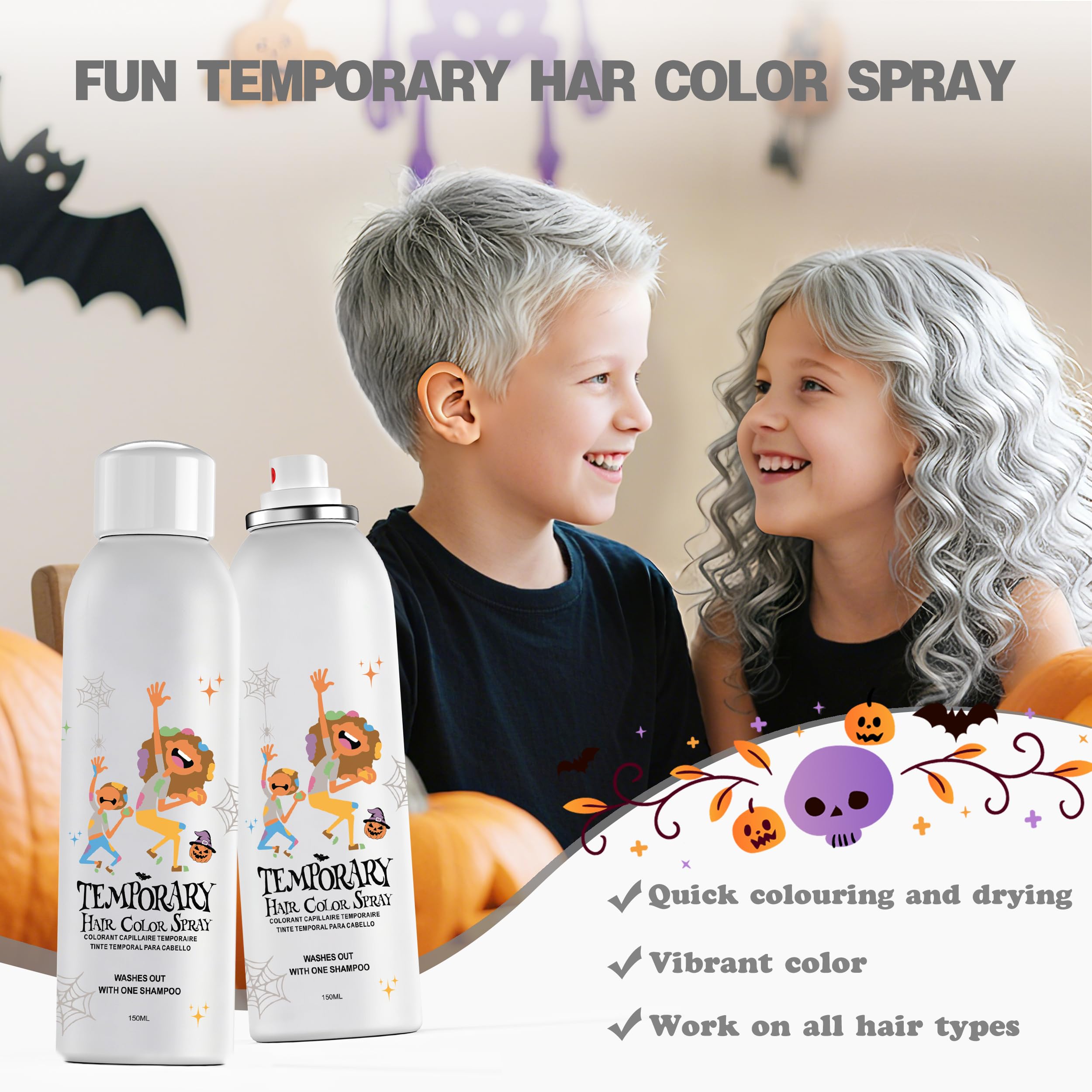 Amzsudy silver color spray on hair, instant dramatic look for events.