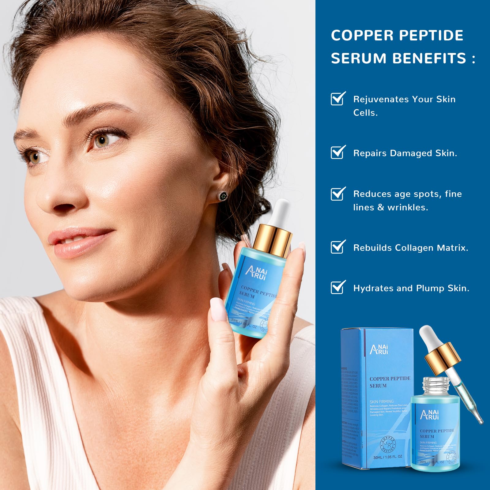 ANAI RUI Copper Peptides Serum dropper releasing drops for plumping.