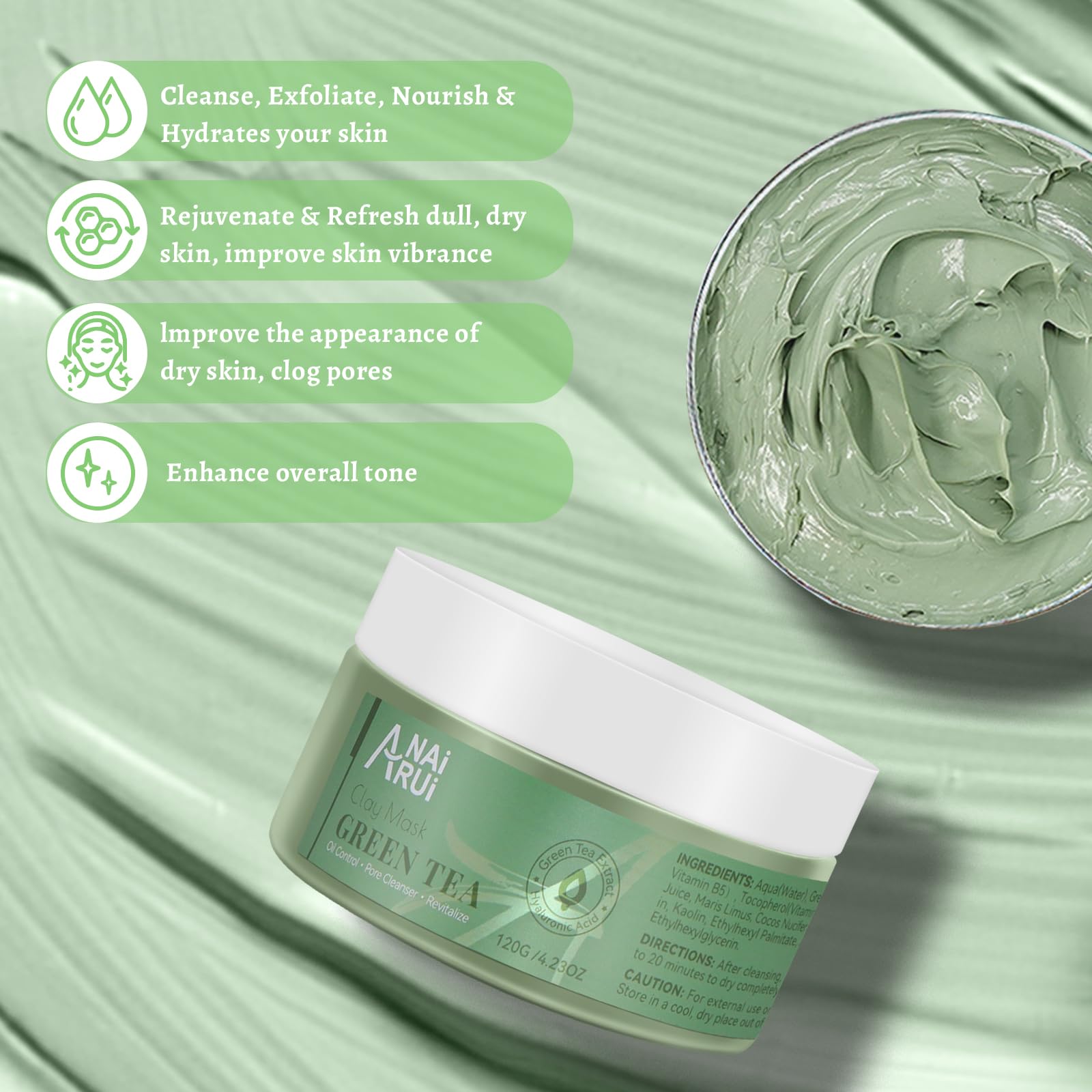 ANAI RUI Green Tea Mask hydrating formula boosts moisture.