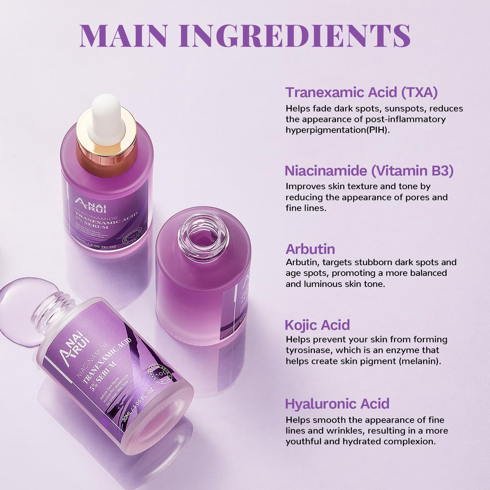 ANAI RUI tranexamic serum ingredients panel highlighting niacinamide and arbutin for even tone.