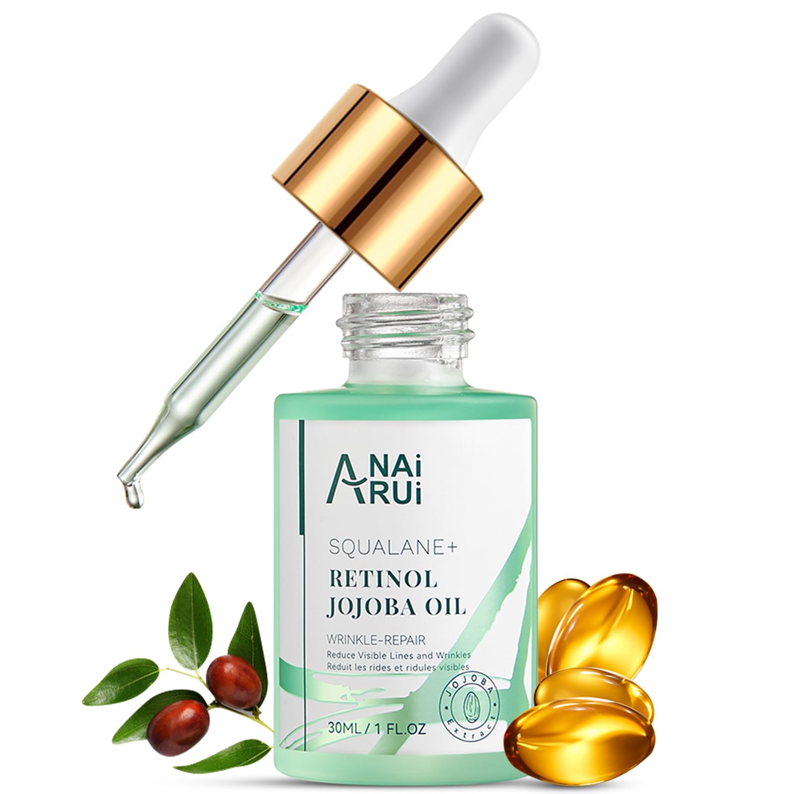 ANAI RUI Squalane Retinol Jojoba oil bottle close-up highlighting daily hydration