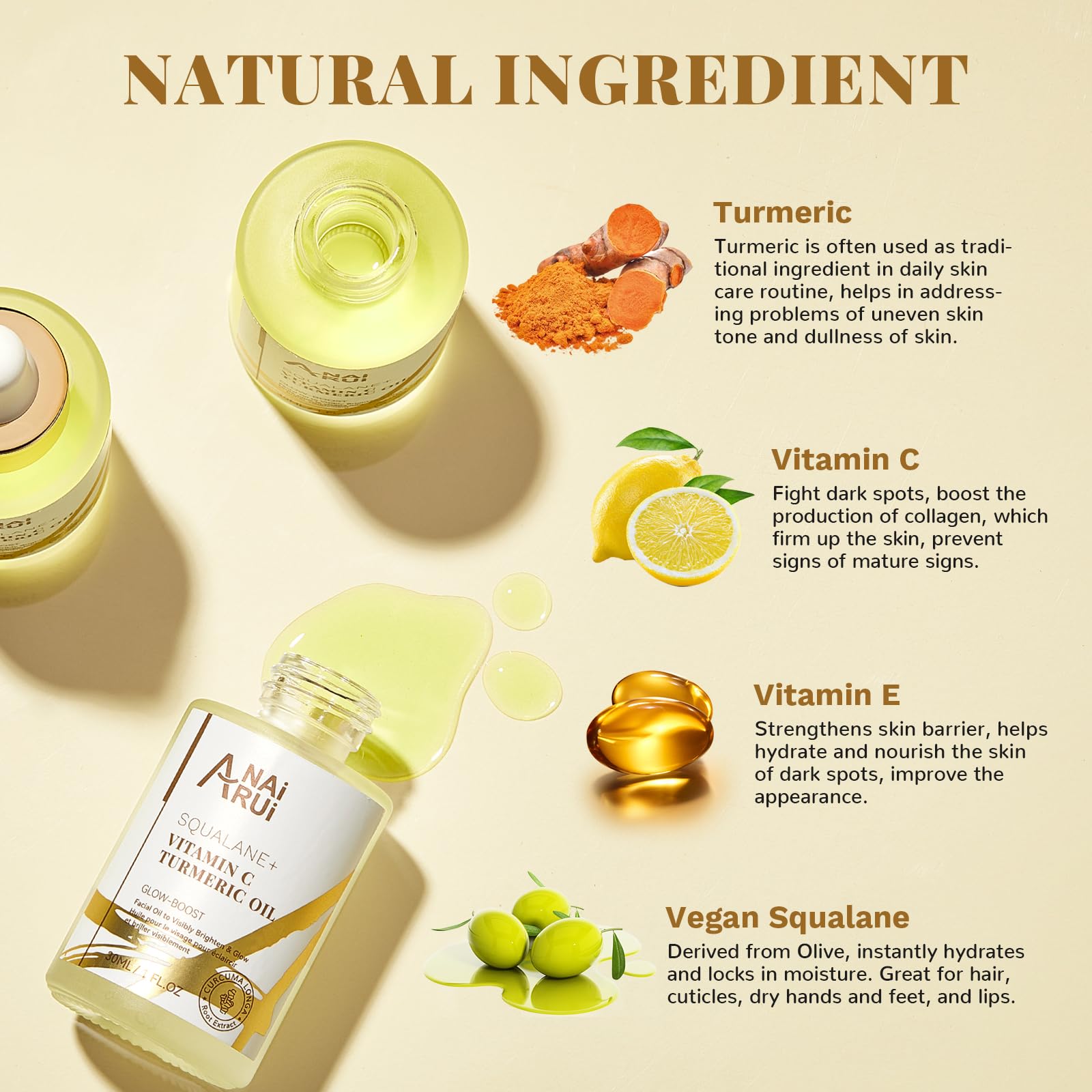 ANAI RUI Squalane Vitamin C Turmeric oil dropper releases golden oil on skin