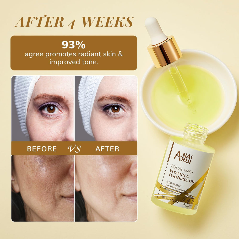 ANAI RUI Squalane Vitamin C Turmeric oil on face promotes smooth texture and radiance