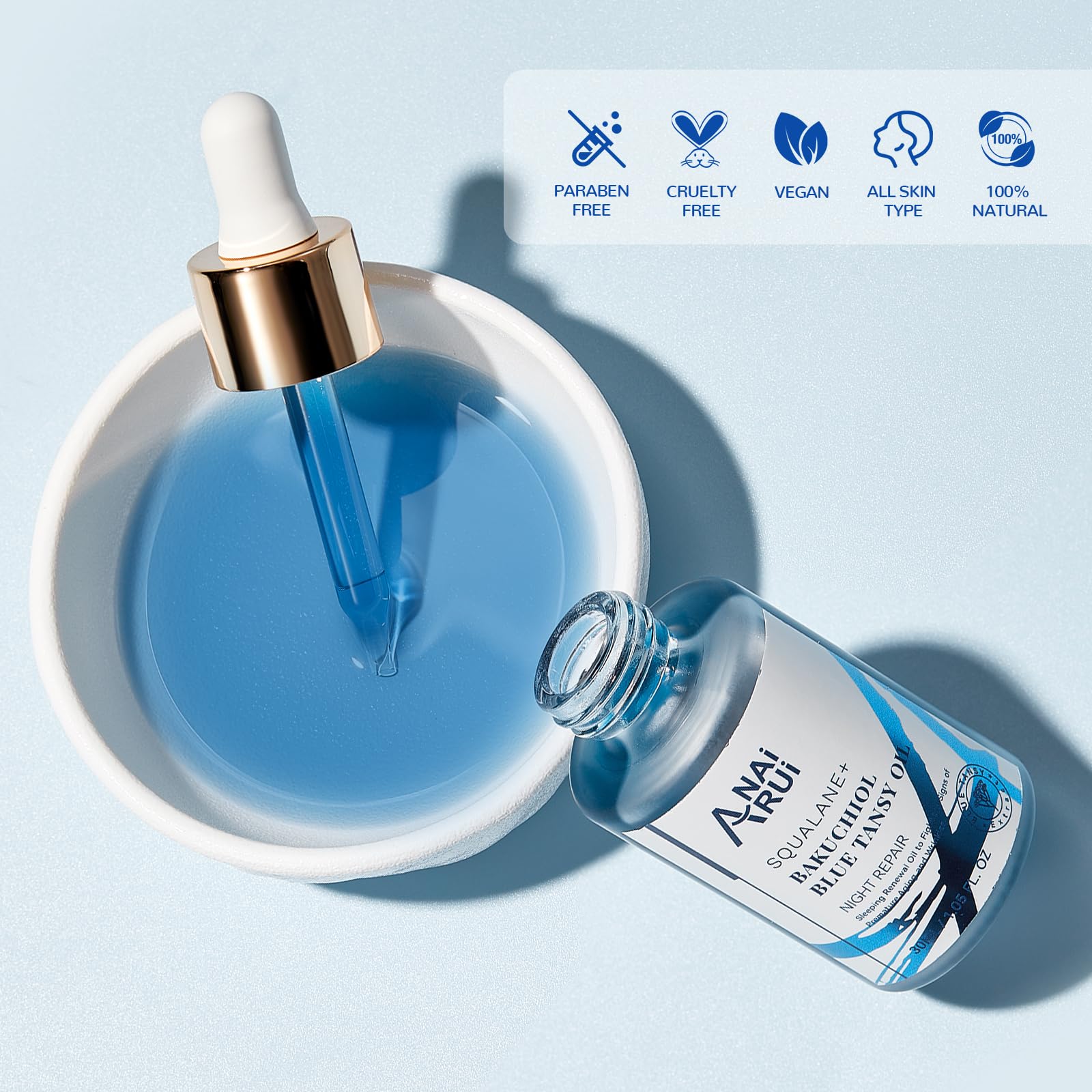 ANAI RUI vegan night oil suitable for all skin types showcased on a flat surface