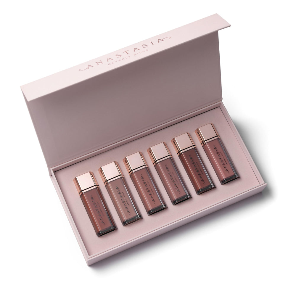 Anastasia Beverly Hills Lip Velvet Gift Set front view with six nude shades for versatility