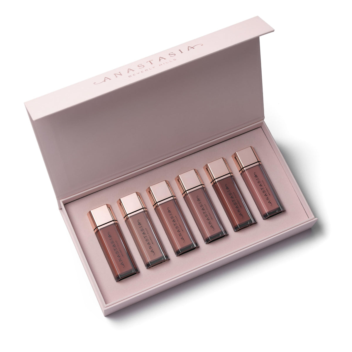 Anastasia Beverly Hills Lip Velvet Gift Set front view with six nude shades for versatility