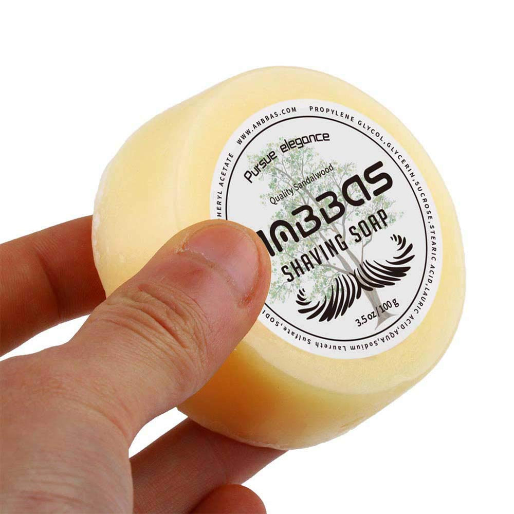 Anbbas soap puck applied to skin for a smooth shave.