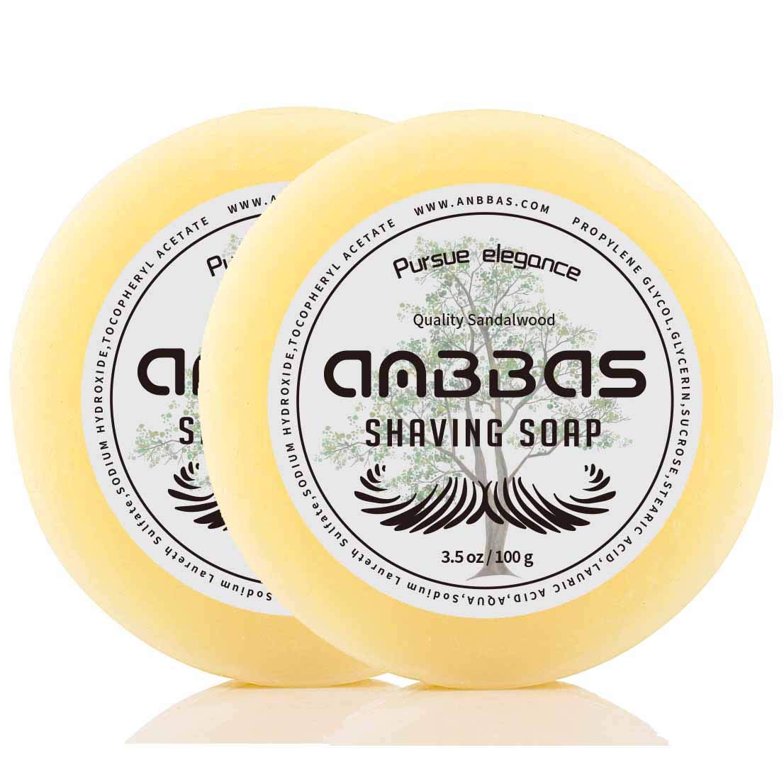 Anbbas sandalwood shaving soap puck texture close-up for natural lather.