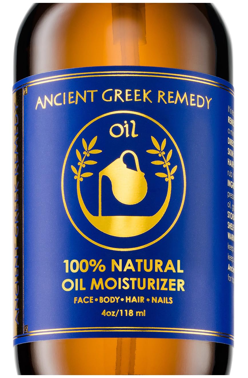 Ancient Greek Remedy body oil bottle on a shelf for post shower hydration