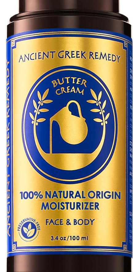 Ancient Greek Remedy face moisturizer bottle provides daily hydration for dry skin.