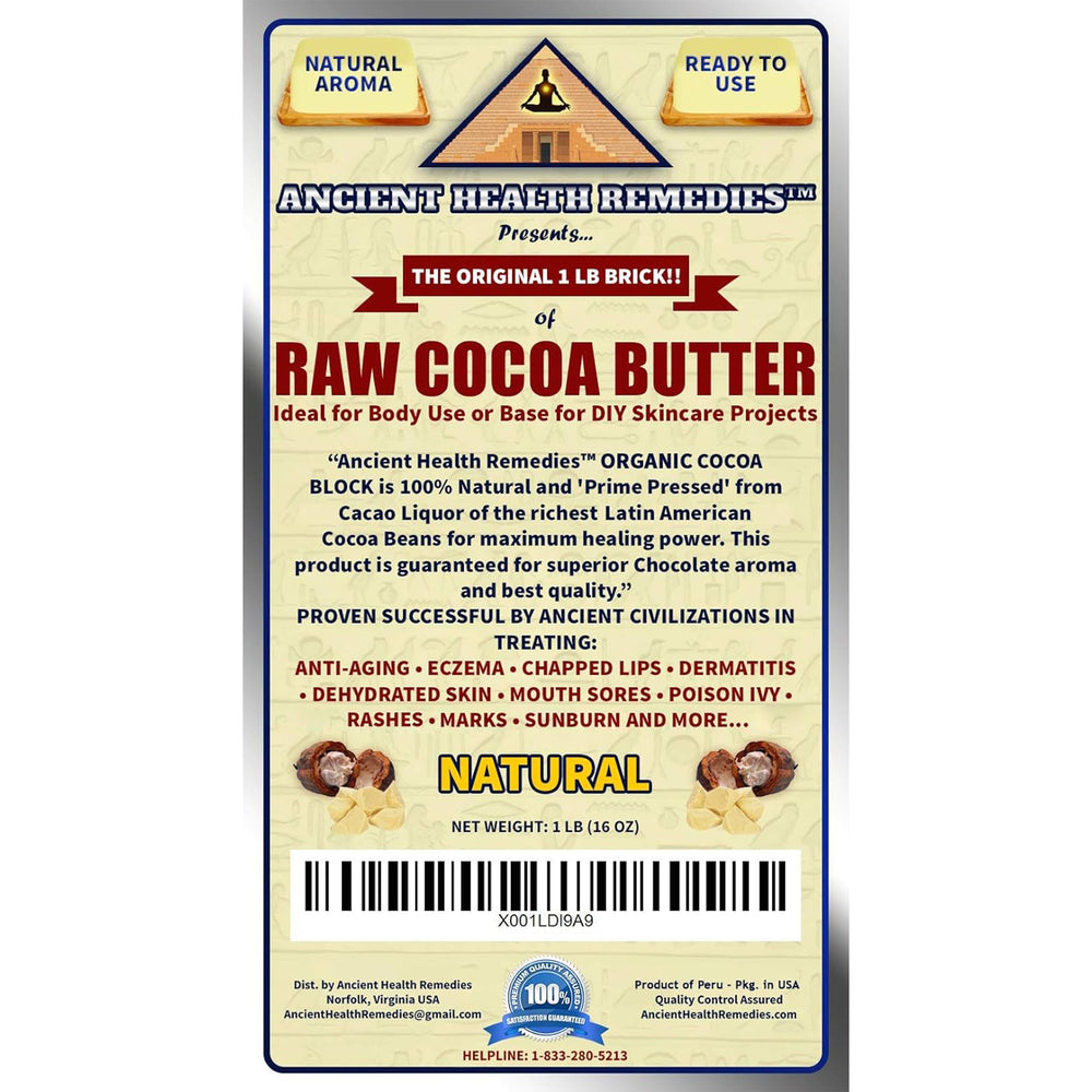 Ancient Health Remedies cocoa butter packaging shot emphasizes bulk 16oz size.