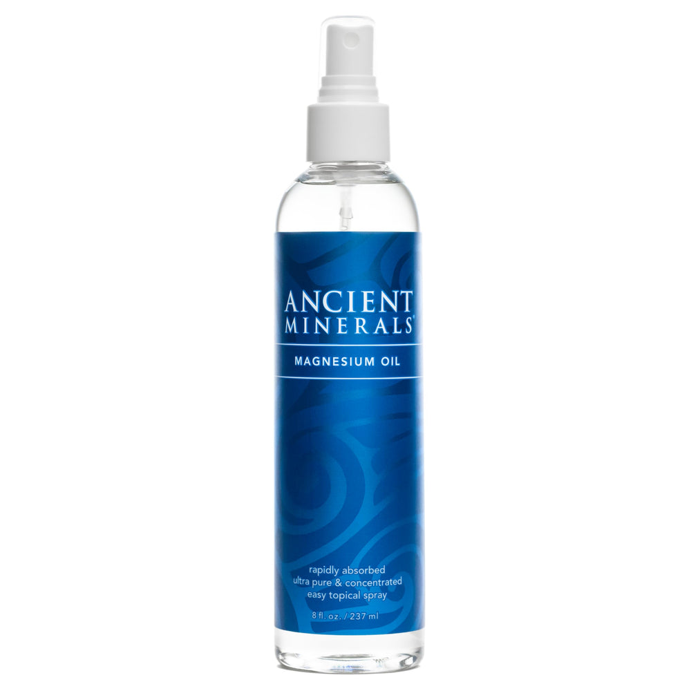 Ancient Minerals magnesium oil spray bottle ready for daily topical use.