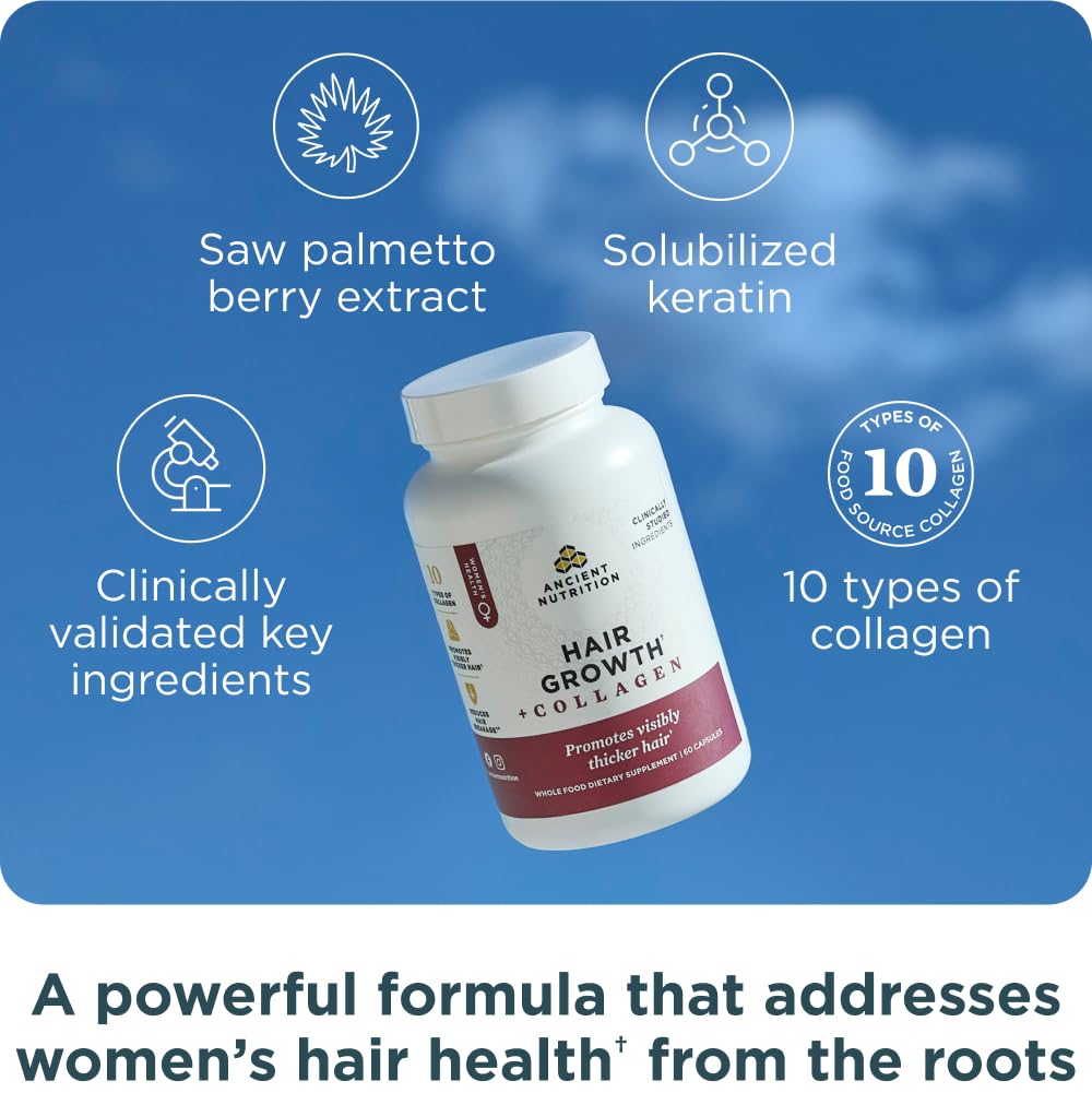 Ancient Nutrition Hair Growth capsules closeup highlighting daily supplementation.